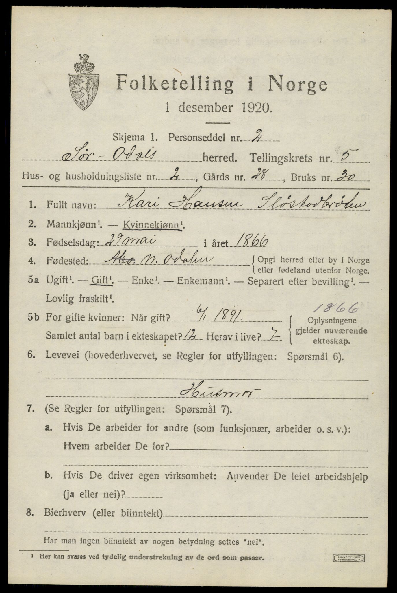 SAH, 1920 census for Sør-Odal, 1920, p. 6065