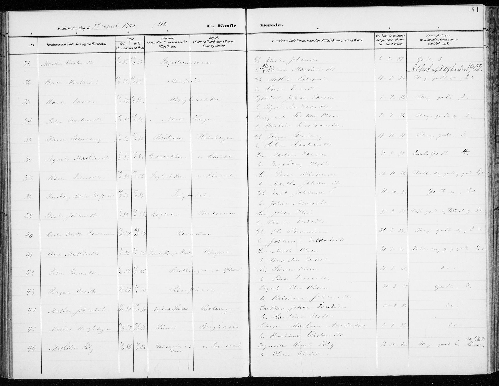 Fåberg prestekontor, SAH/PREST-086/H/Ha/Haa/L0011: Parish register (official) no. 11, 1899-1913, p. 141