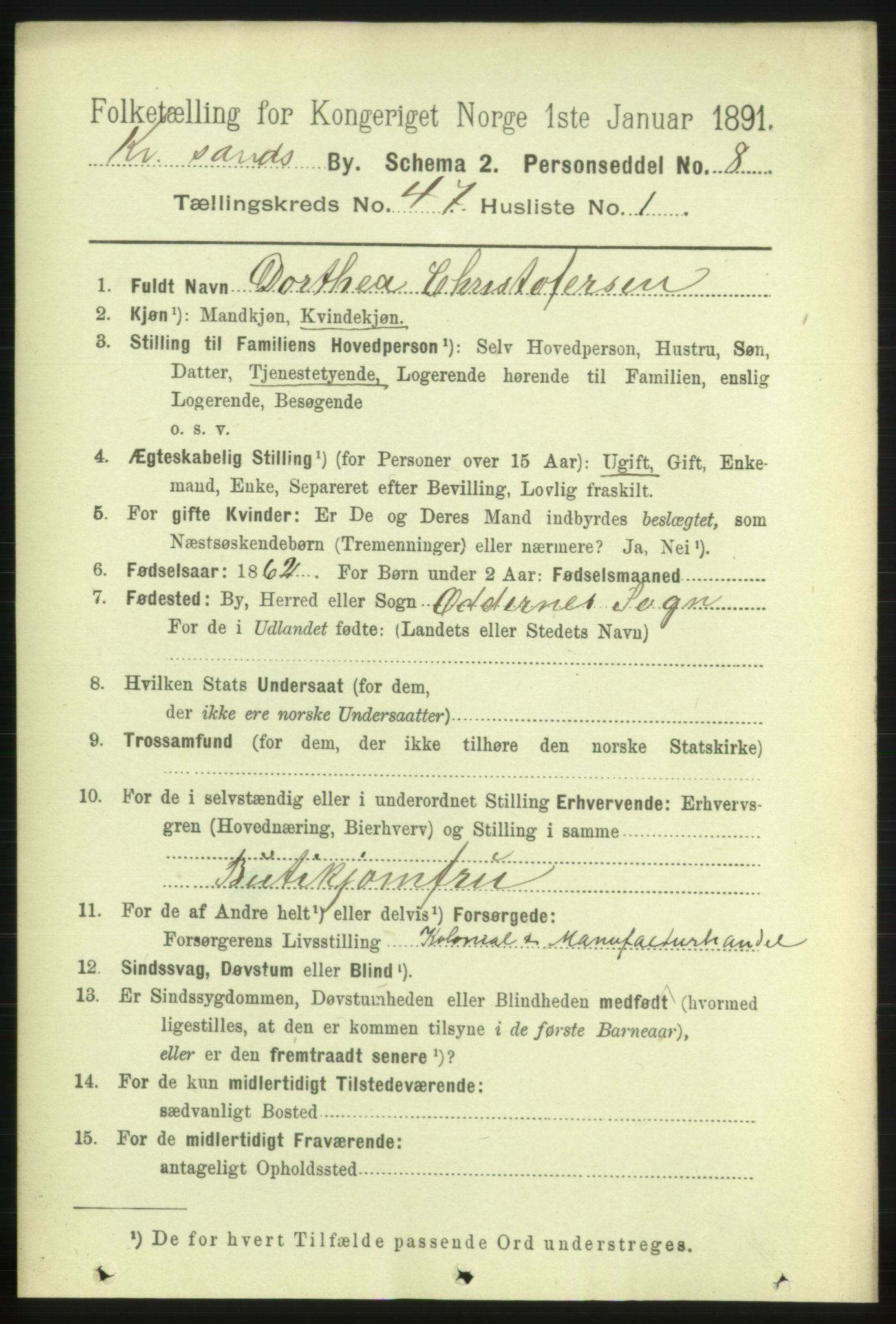 RA, 1891 census for 1001 Kristiansand, 1891, p. 14590