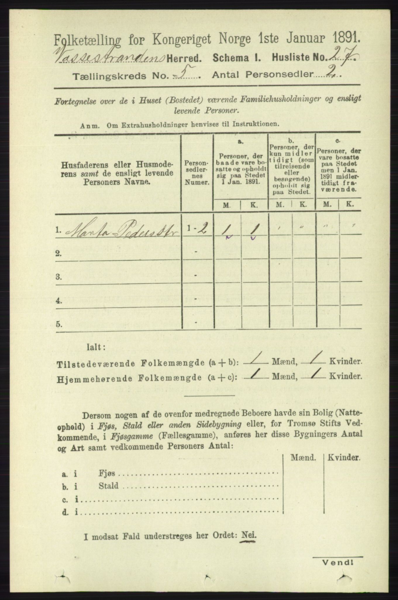 RA, 1891 census for 1236 Vossestrand, 1891, p. 1877