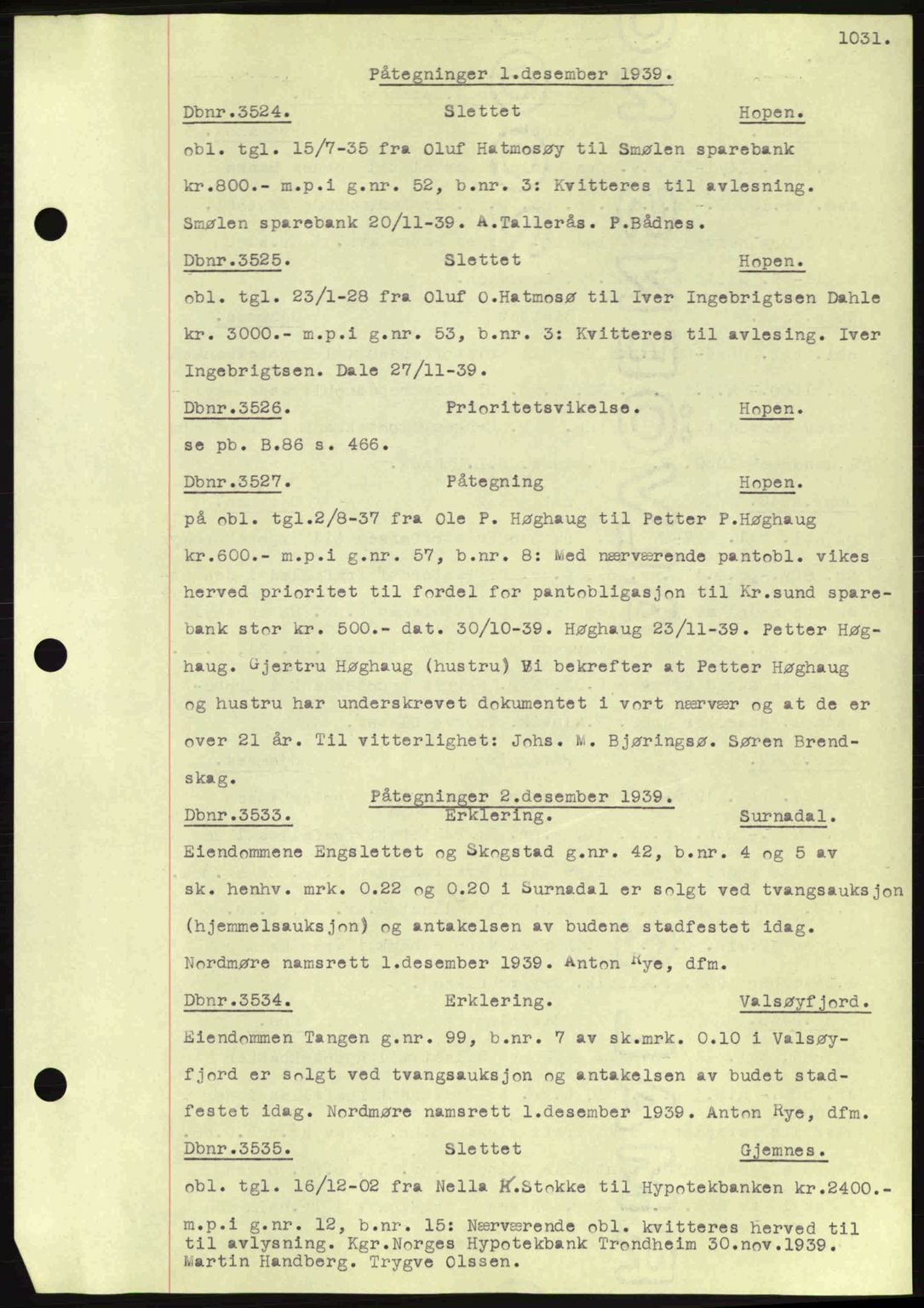 Nordmøre sorenskriveri, AV/SAT-A-4132/1/2/2Ca: Mortgage book no. C80, 1936-1939, Diary no: : 3524/1939