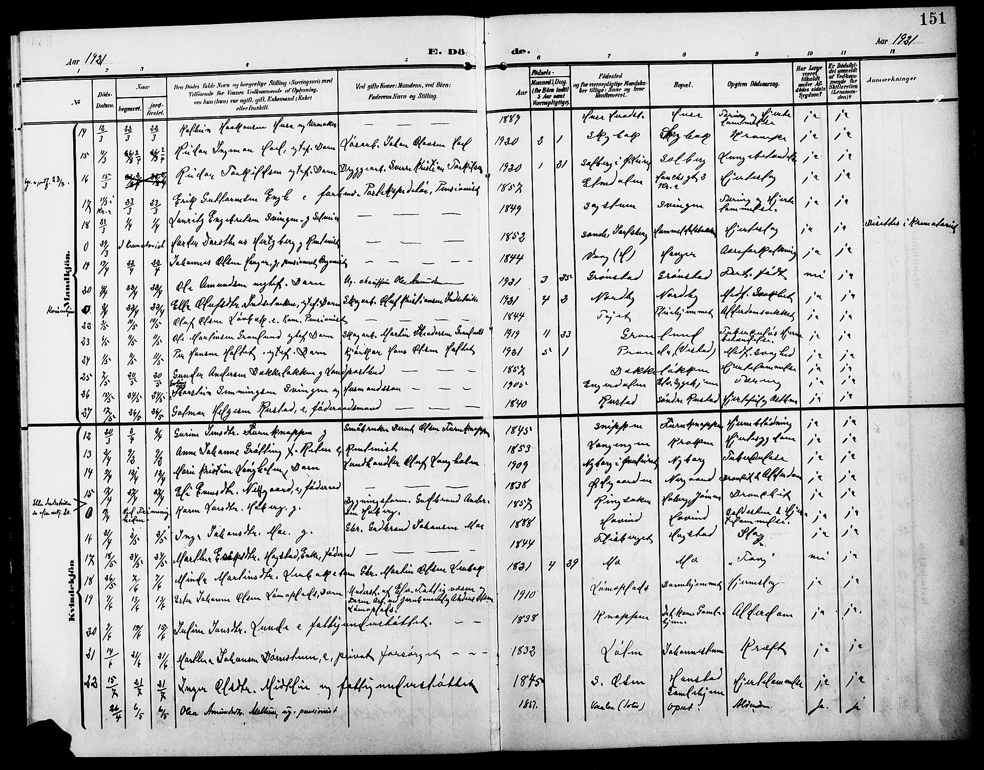 Elverum prestekontor, AV/SAH-PREST-044/H/Ha/Hab/L0009: Parish register (copy) no. 9, 1908-1921, p. 151