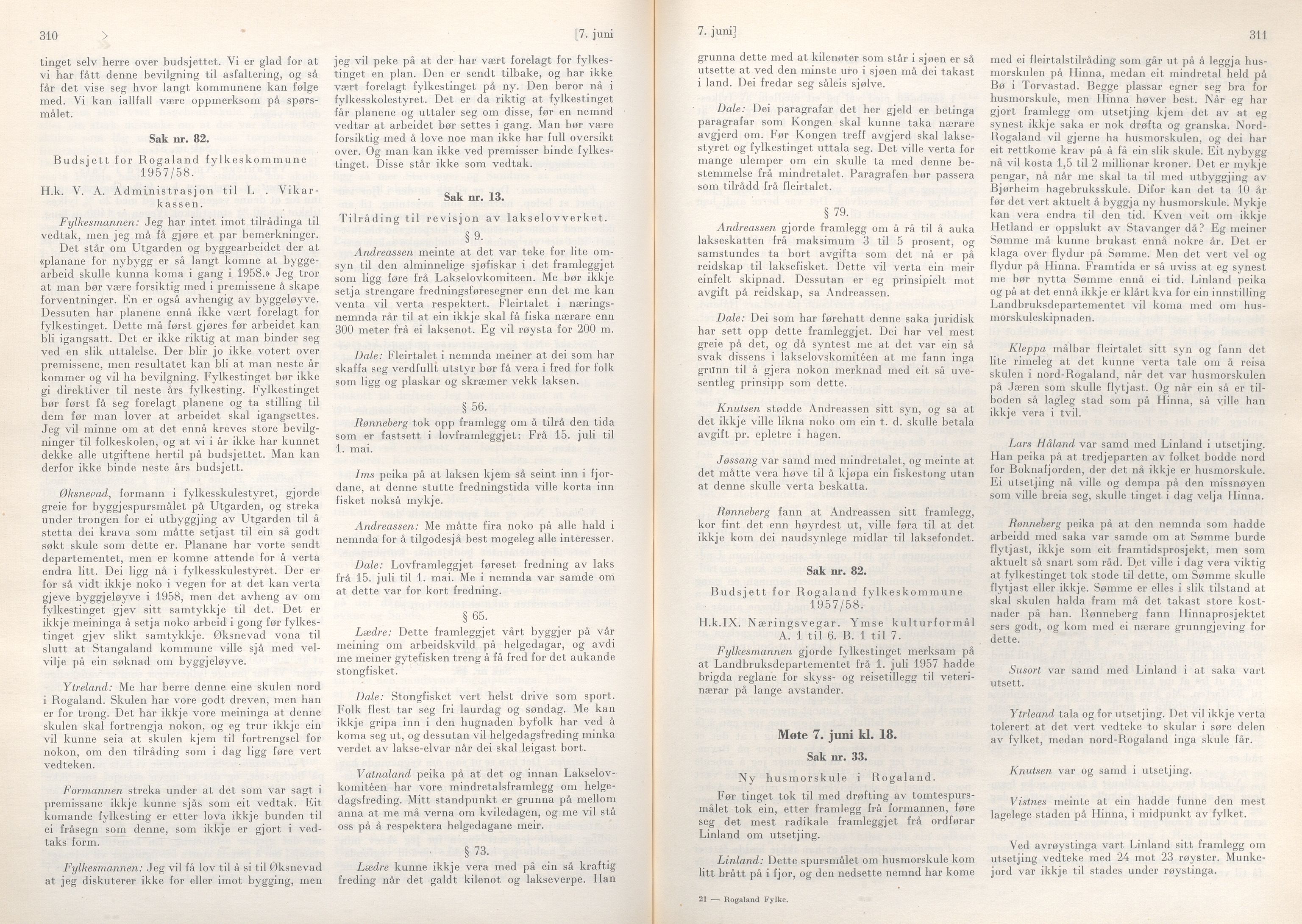 Rogaland fylkeskommune - Fylkesrådmannen , IKAR/A-900/A/Aa/Aaa/L0076: Møtebok , 1957, p. 310-311