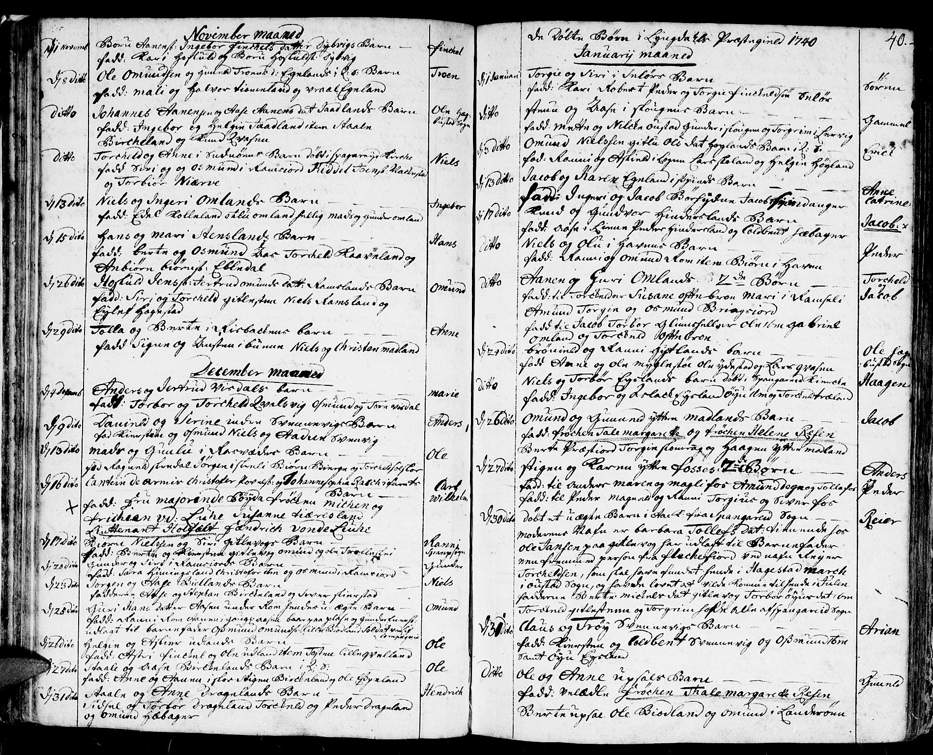 Lyngdal sokneprestkontor, SAK/1111-0029/F/Fa/Fac/L0001: Parish register (official) no. A 1, 1727-1779, p. 40