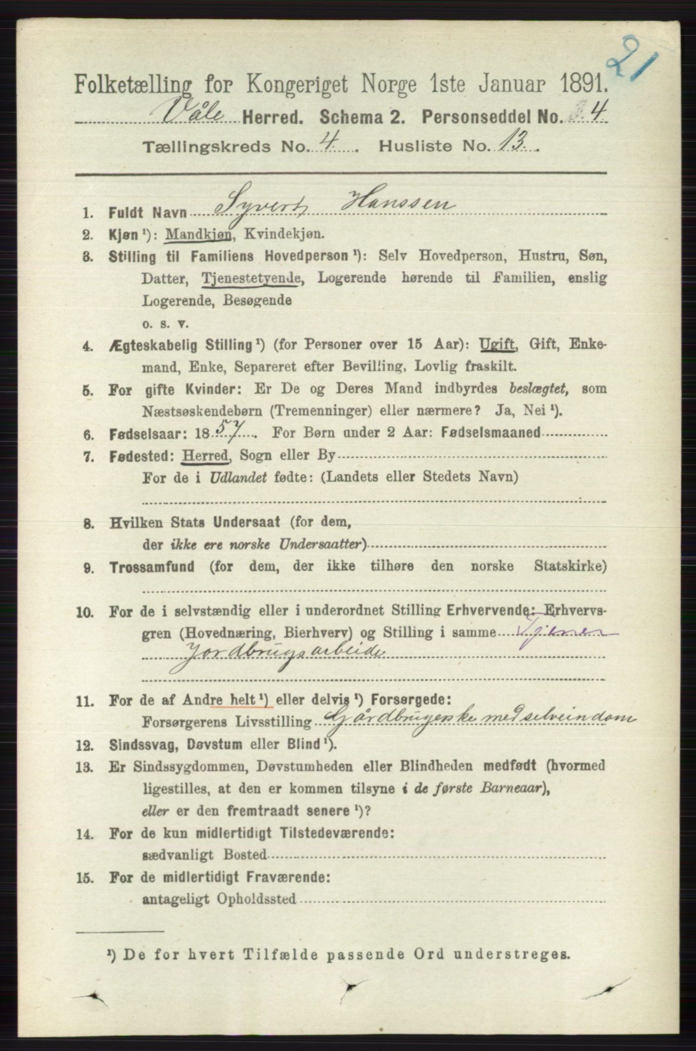 RA, 1891 census for 0716 Våle, 1891, p. 1061