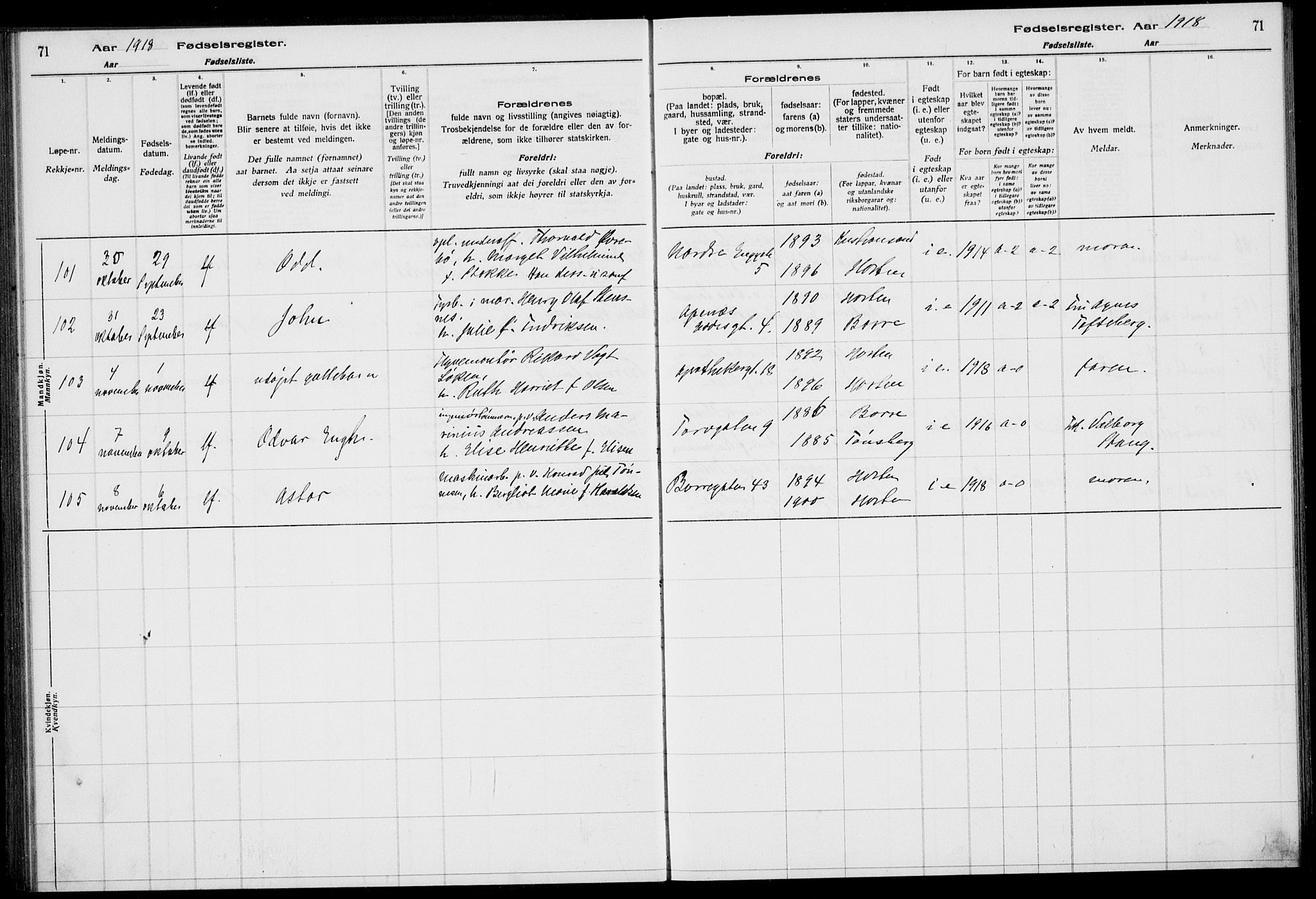 Horten kirkebøker, AV/SAKO-A-348/J/Ja/L0001: Birth register no. 1, 1916-1923, p. 71