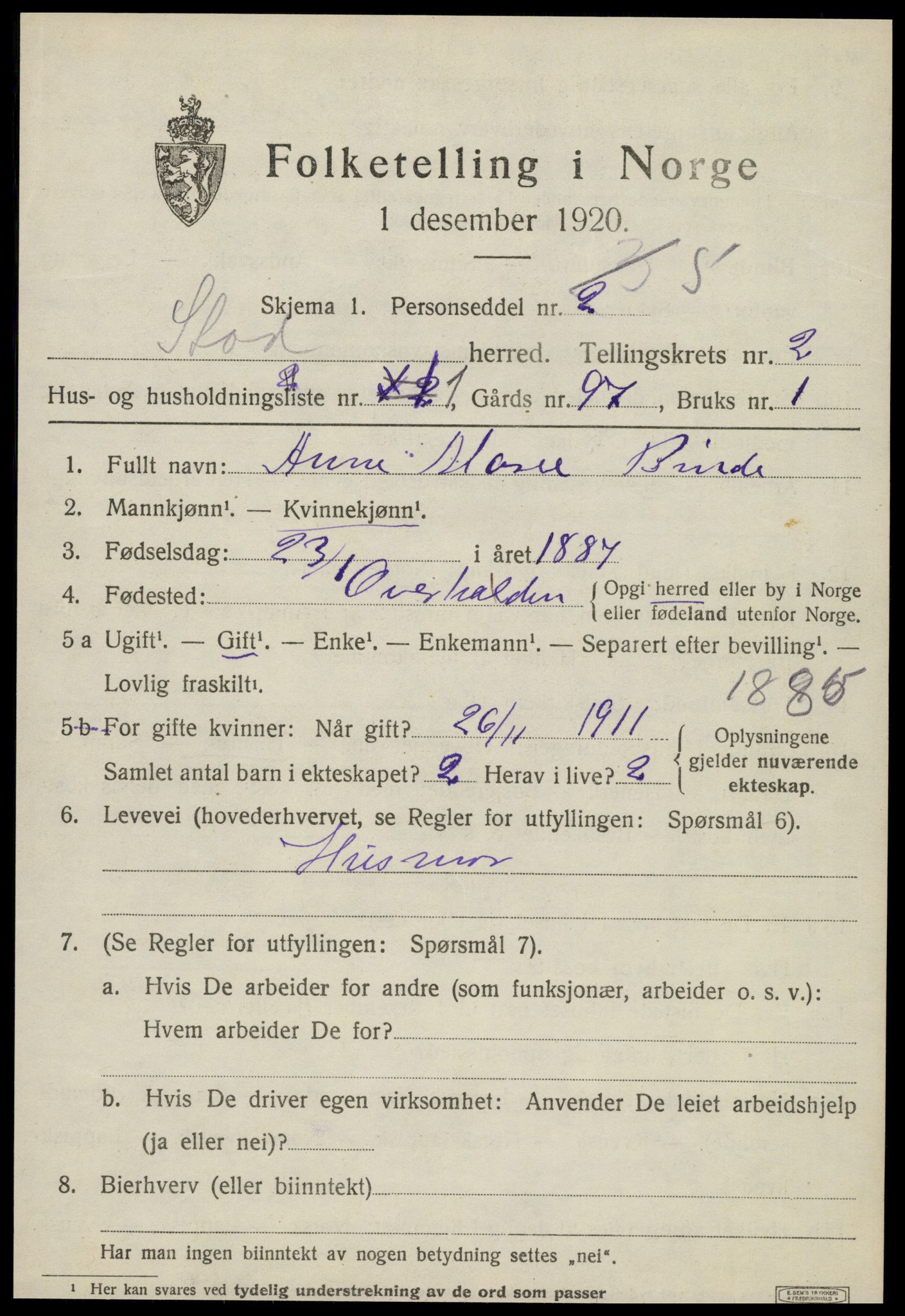 SAT, 1920 census for Stod, 1920, p. 1286