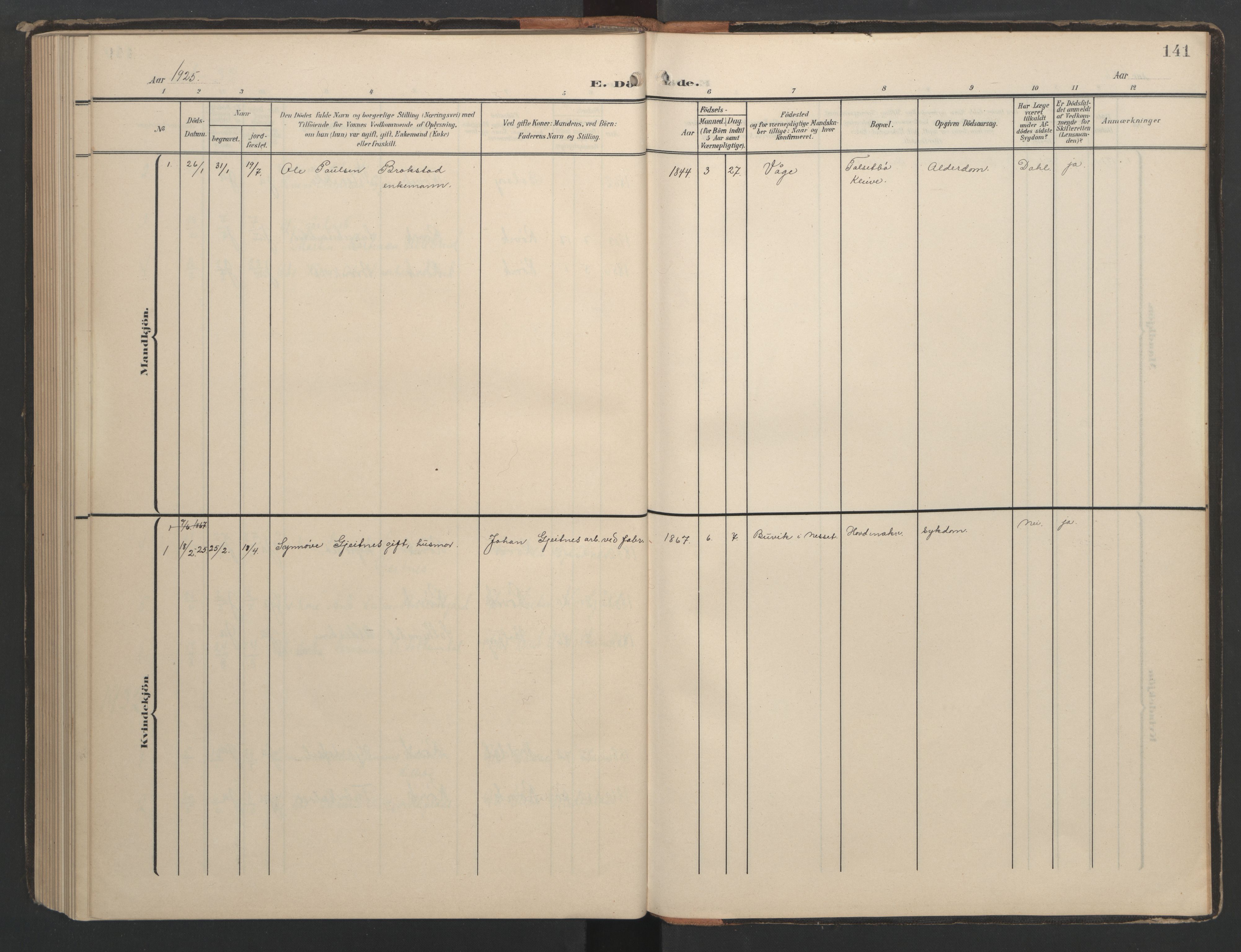 Ministerialprotokoller, klokkerbøker og fødselsregistre - Møre og Romsdal, AV/SAT-A-1454/556/L0677: Parish register (copy) no. 556C01, 1907-1953, p. 141