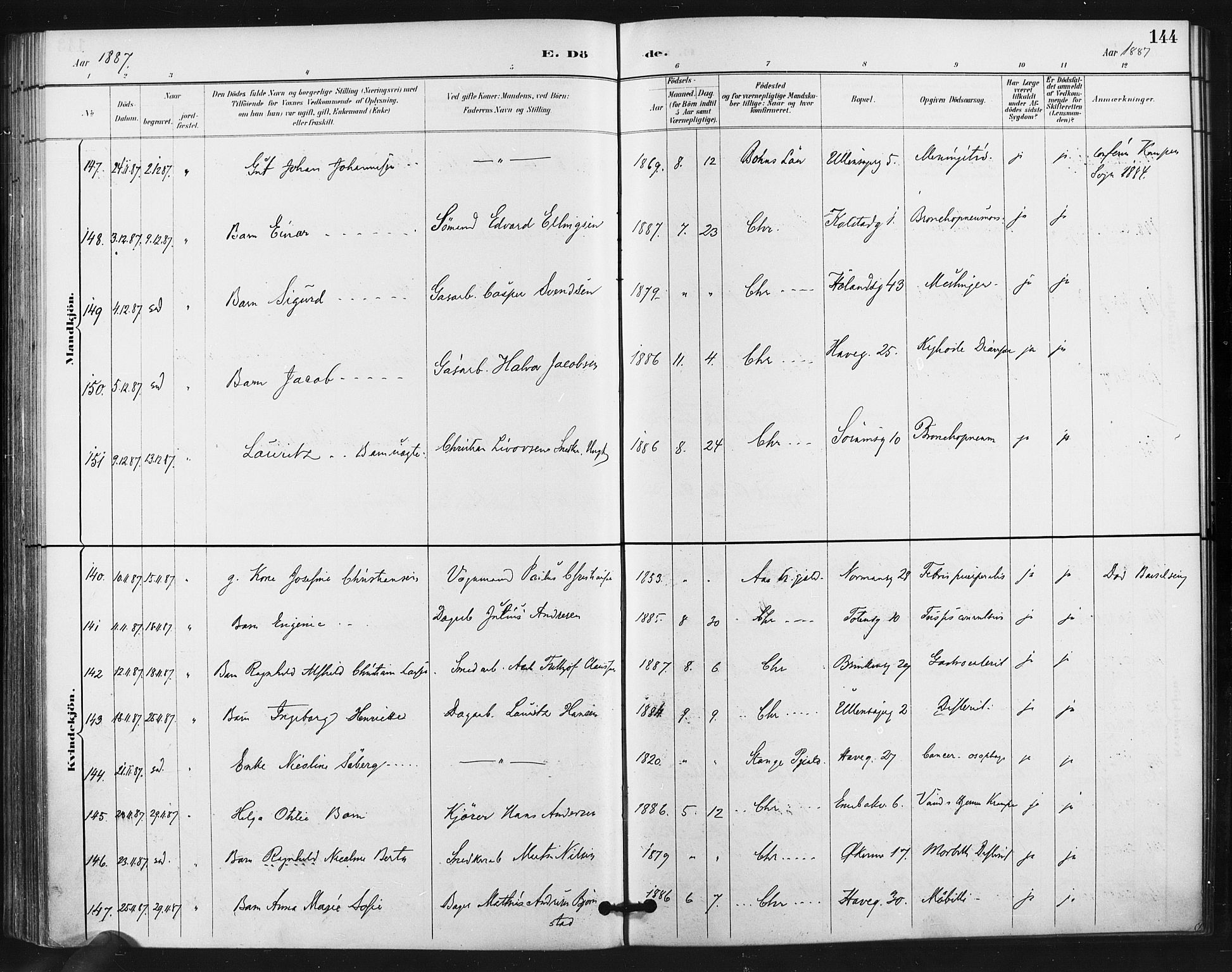 Kampen prestekontor Kirkebøker, SAO/A-10853/F/Fa/L0004: Parish register (official) no. I 4, 1885-1892, p. 144