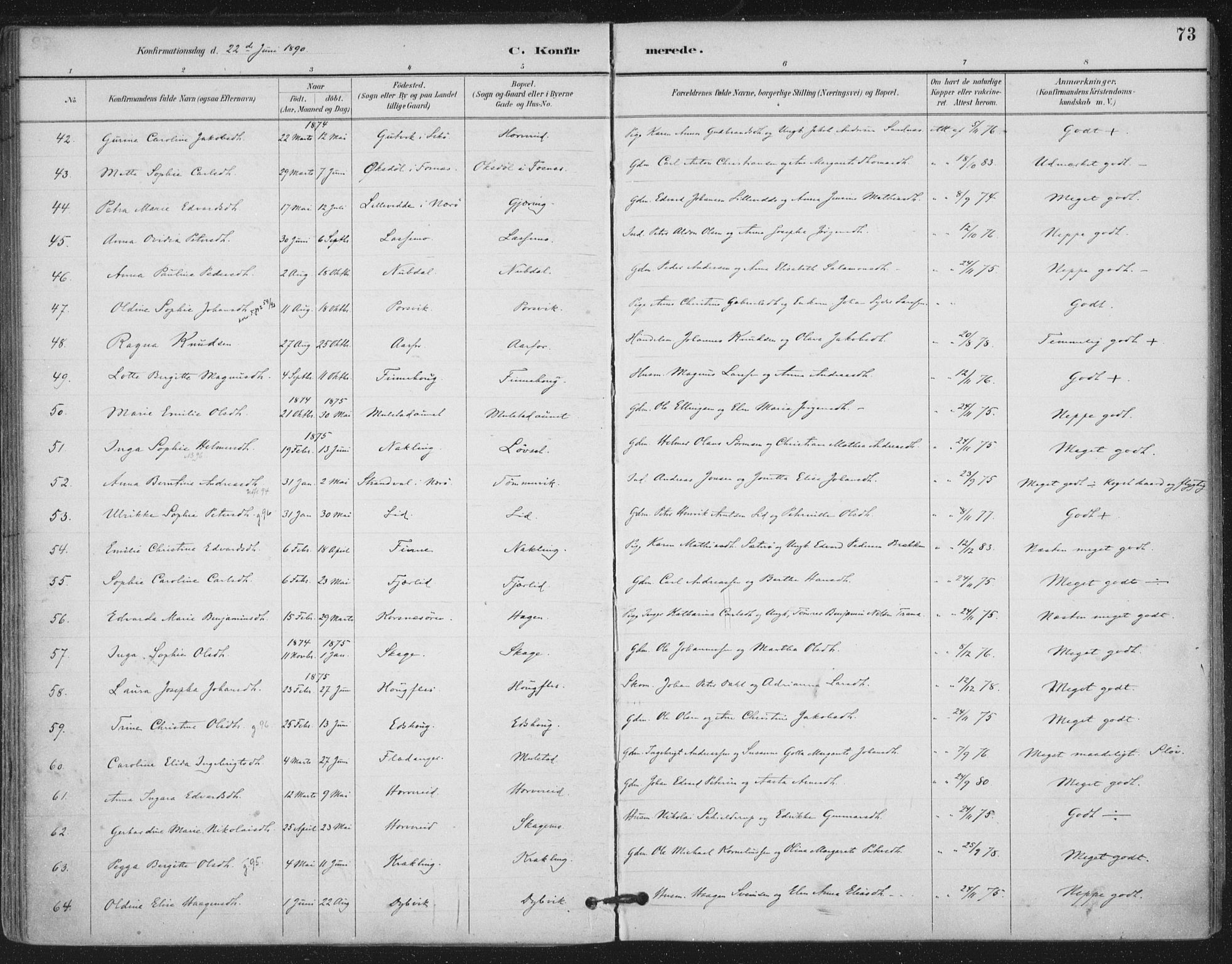 Ministerialprotokoller, klokkerbøker og fødselsregistre - Nord-Trøndelag, SAT/A-1458/780/L0644: Parish register (official) no. 780A08, 1886-1903, p. 73