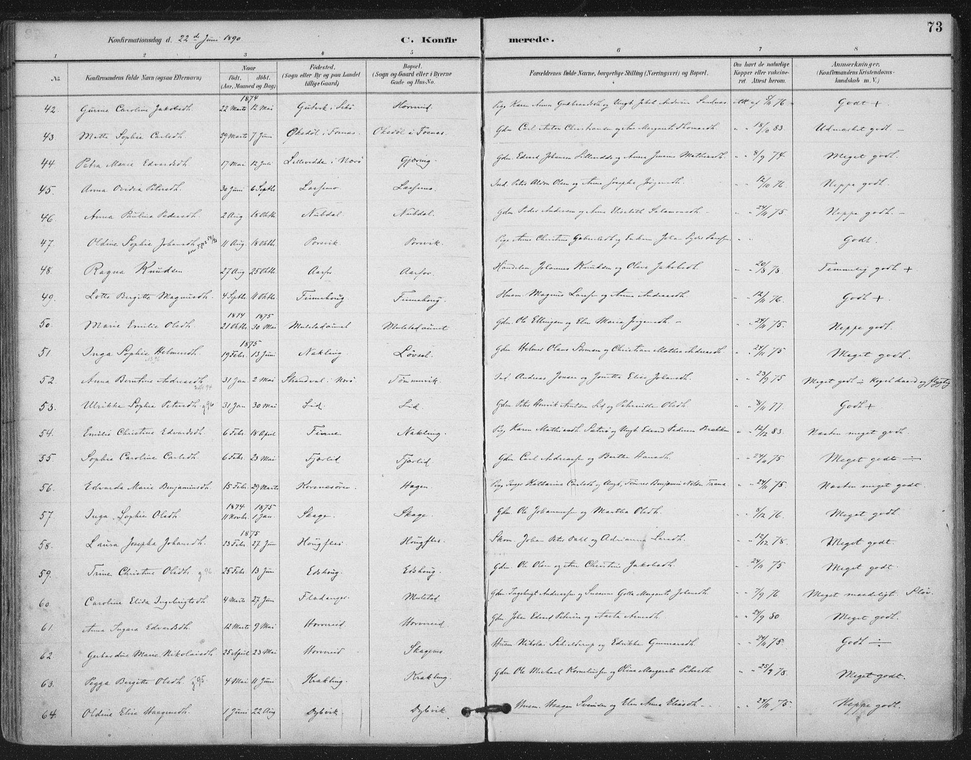 Ministerialprotokoller, klokkerbøker og fødselsregistre - Nord-Trøndelag, AV/SAT-A-1458/780/L0644: Parish register (official) no. 780A08, 1886-1903, p. 73