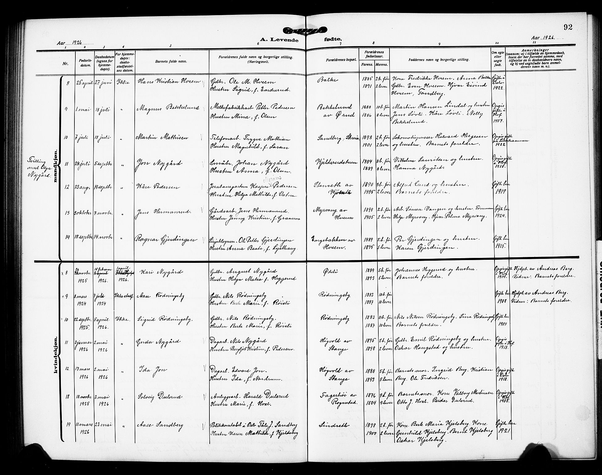 Østre Toten prestekontor, AV/SAH-PREST-104/H/Ha/Hab/L0008: Parish register (copy) no. 8, 1913-1929, p. 92