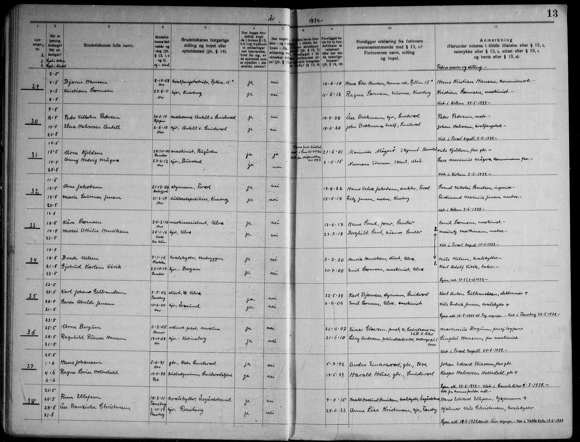 Nøtterøy kirkebøker, AV/SAKO-A-354/H/Ha/L0002: Banns register no. 2, 1937-1952, p. 13