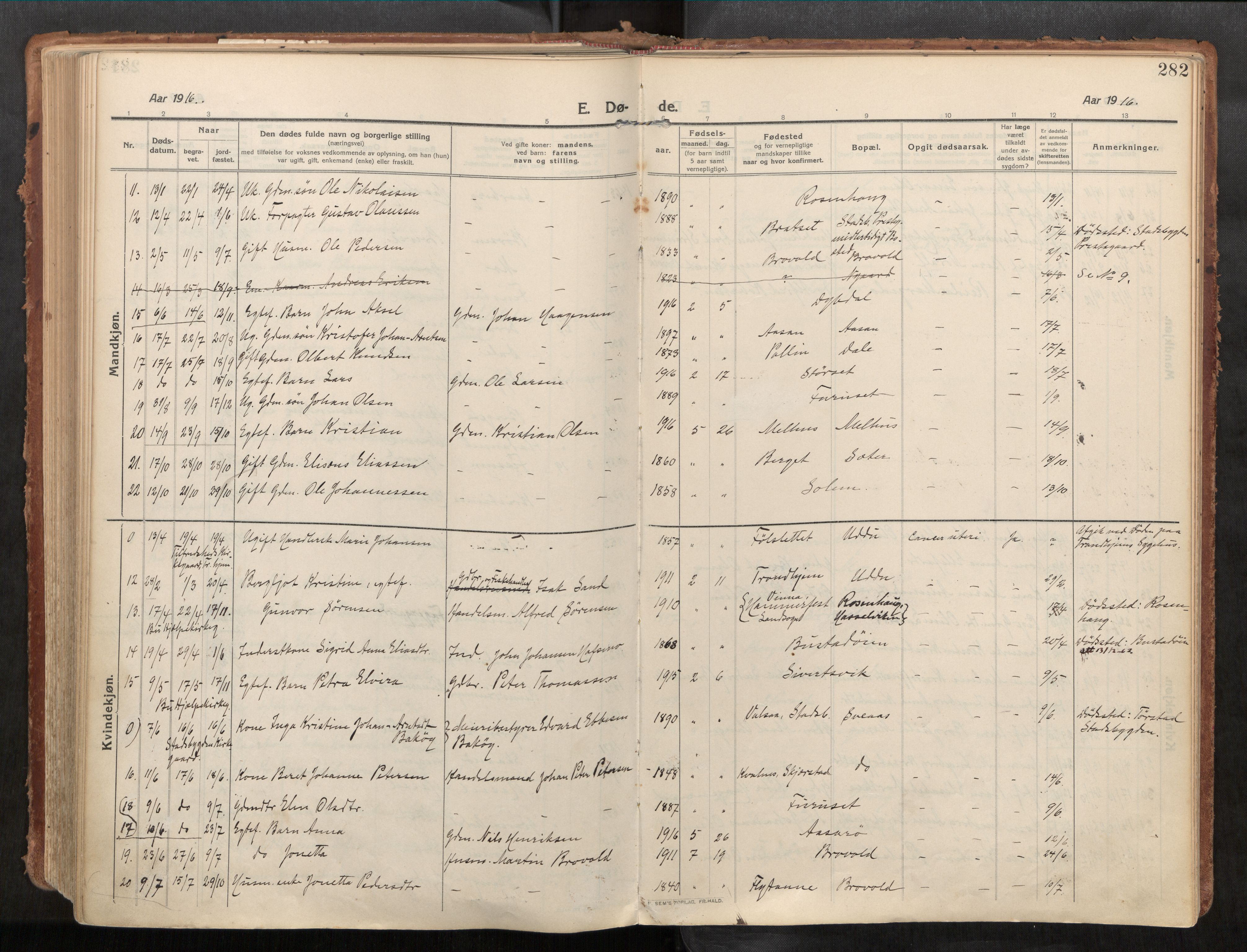 Stadsbygd sokneprestkontor, AV/SAT-A-1117/1/I/I1/I1a/L0001: Parish register (official) no. 1, 1911-1929, p. 282
