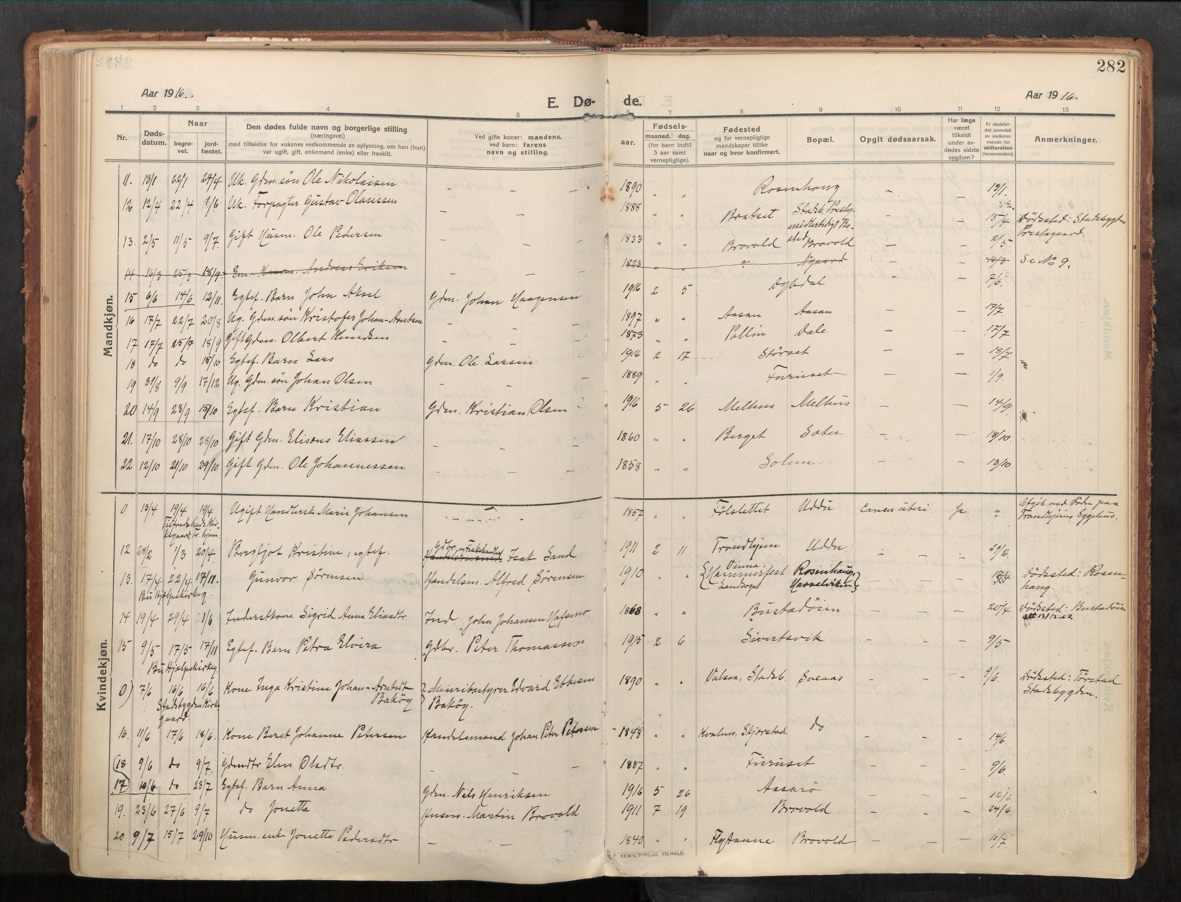 Stadsbygd sokneprestkontor, SAT/A-1117/1/I/I1/I1a/L0001: Parish register (official) no. 1, 1911-1929, p. 282