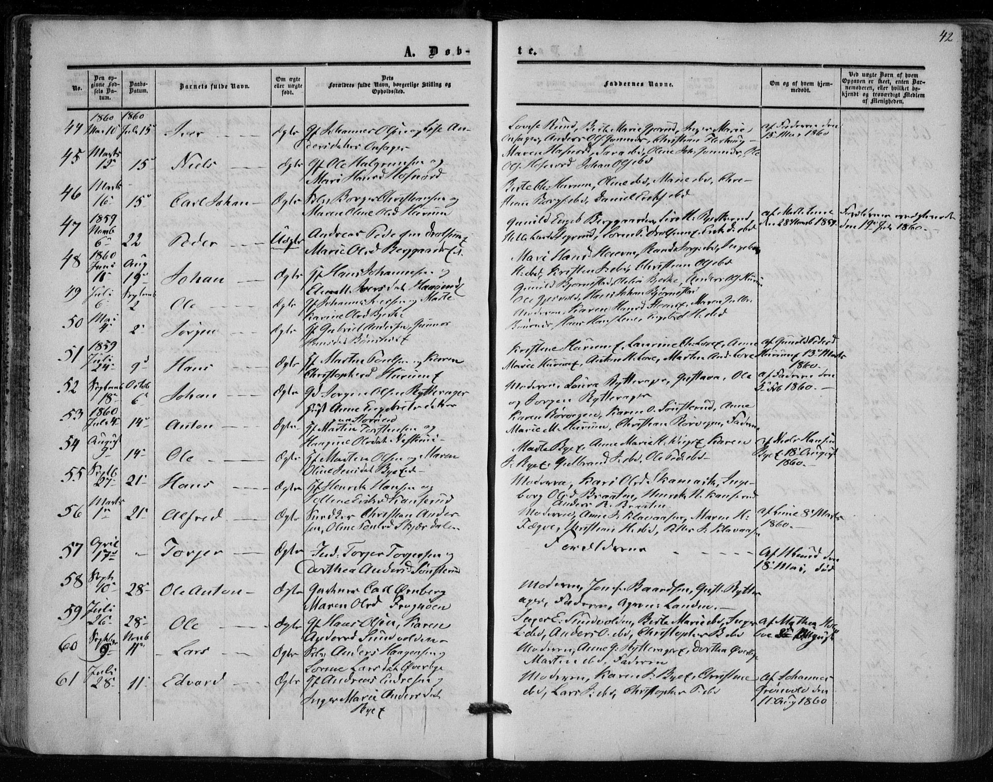 Hole kirkebøker, SAKO/A-228/F/Fa/L0006: Parish register (official) no. I 6, 1852-1872, p. 42