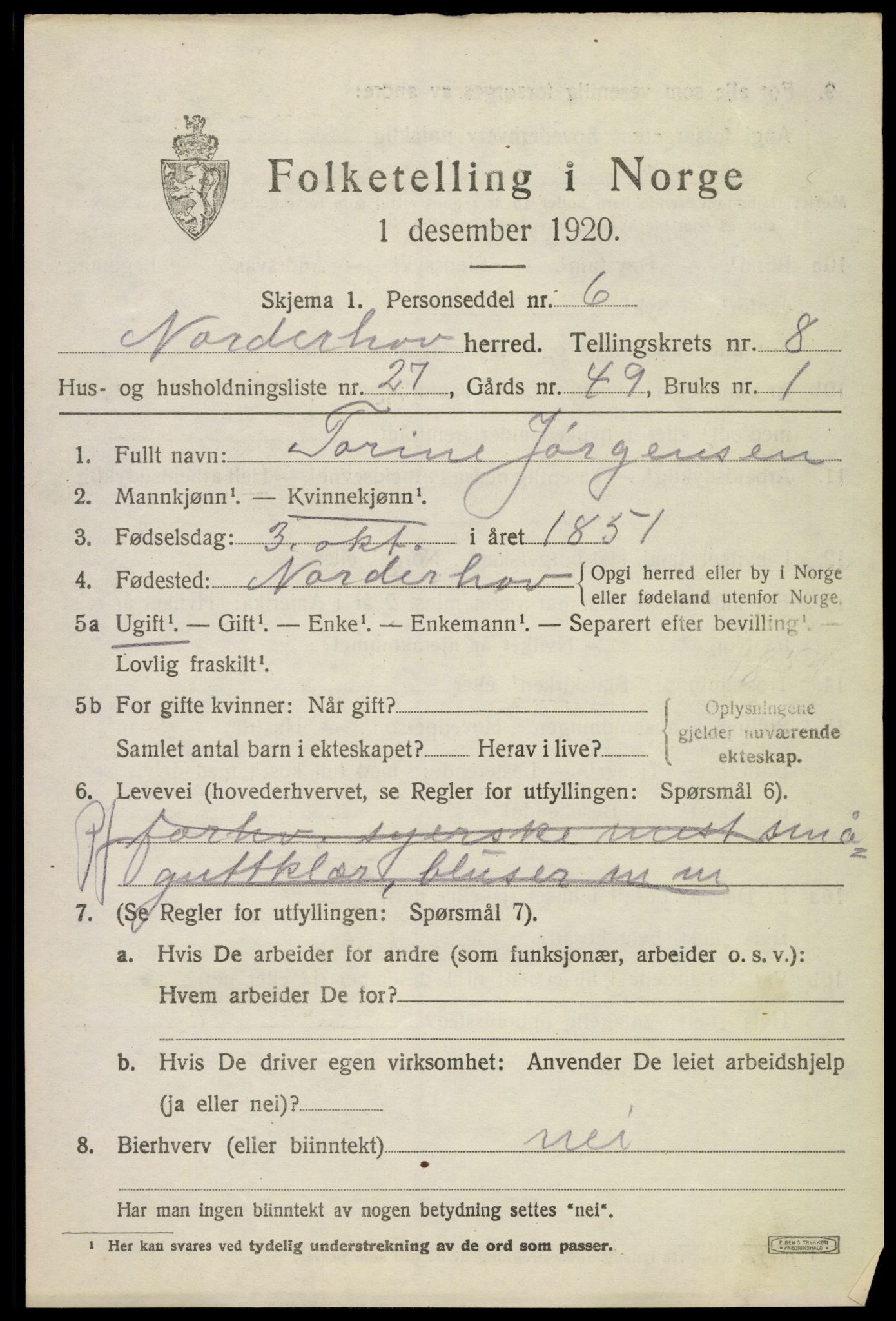 SAKO, 1920 census for Norderhov, 1920, p. 10685