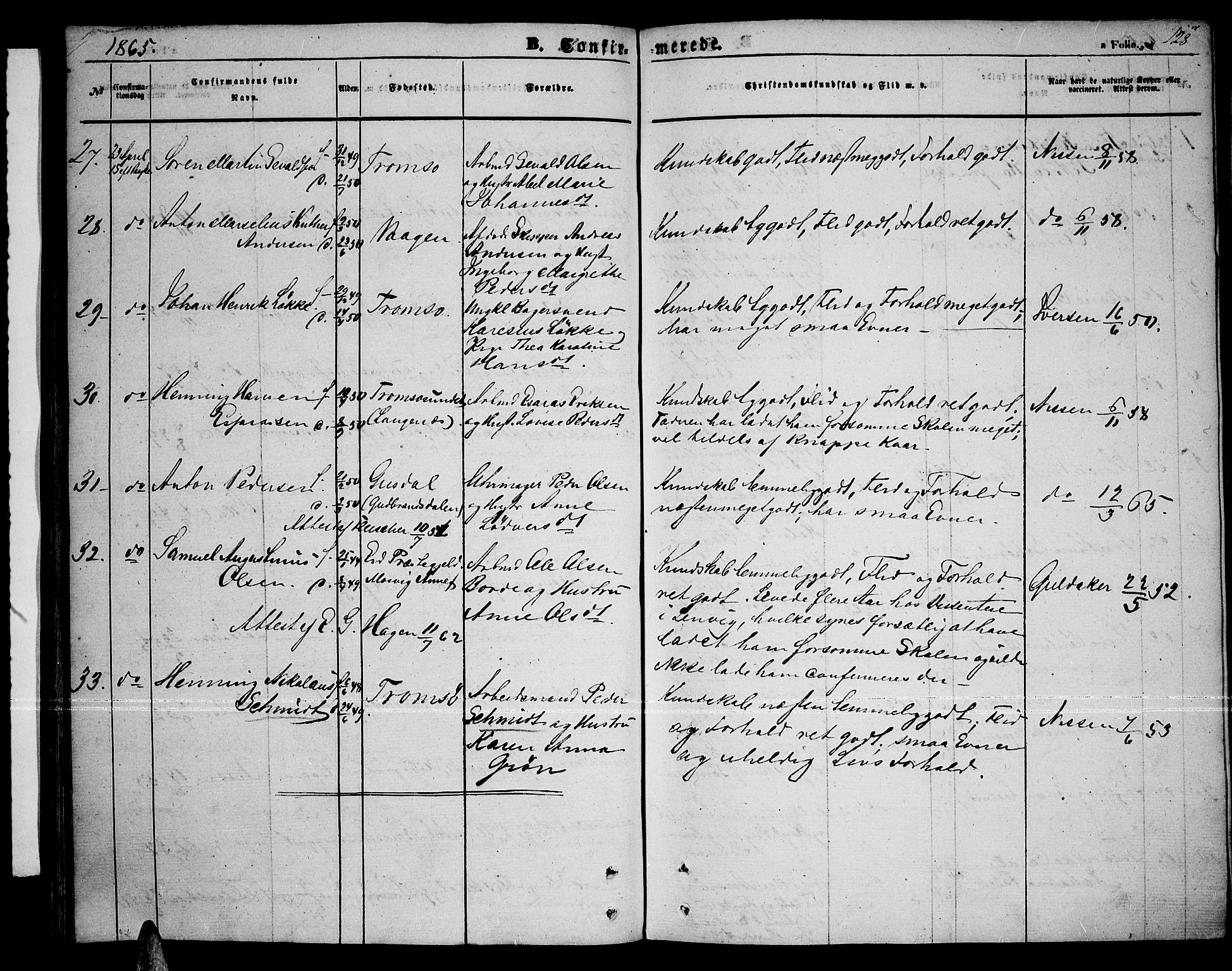 Tromsø sokneprestkontor/stiftsprosti/domprosti, AV/SATØ-S-1343/G/Gb/L0006klokker: Parish register (copy) no. 6, 1857-1866, p. 128