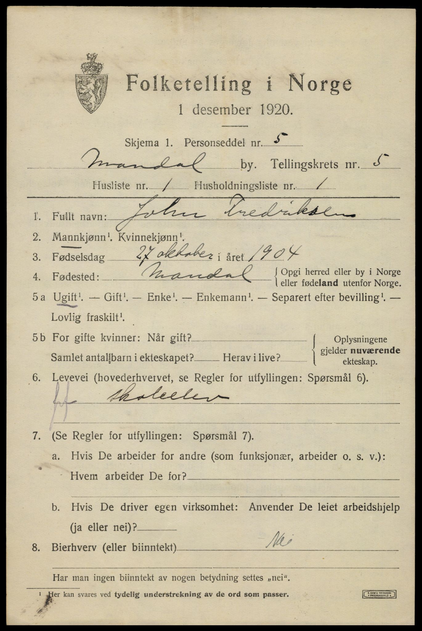 SAK, 1920 census for Mandal, 1920, p. 8209