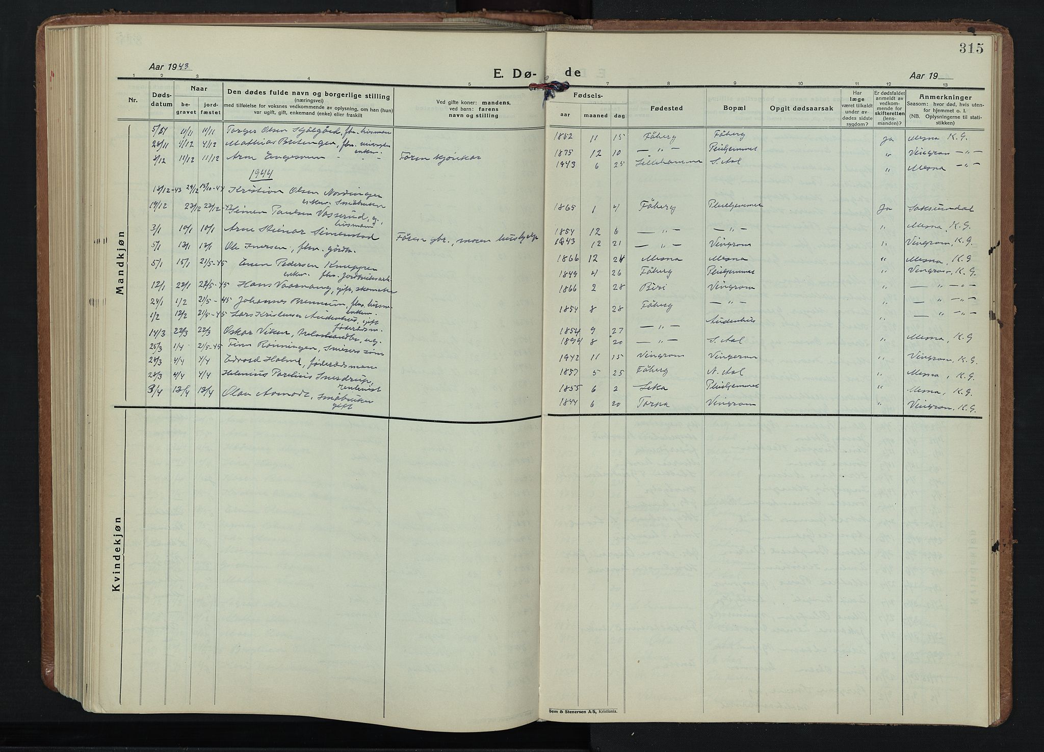 Fåberg prestekontor, SAH/PREST-086/H/Ha/Hab/L0015: Parish register (copy) no. 15, 1924-1949, p. 315