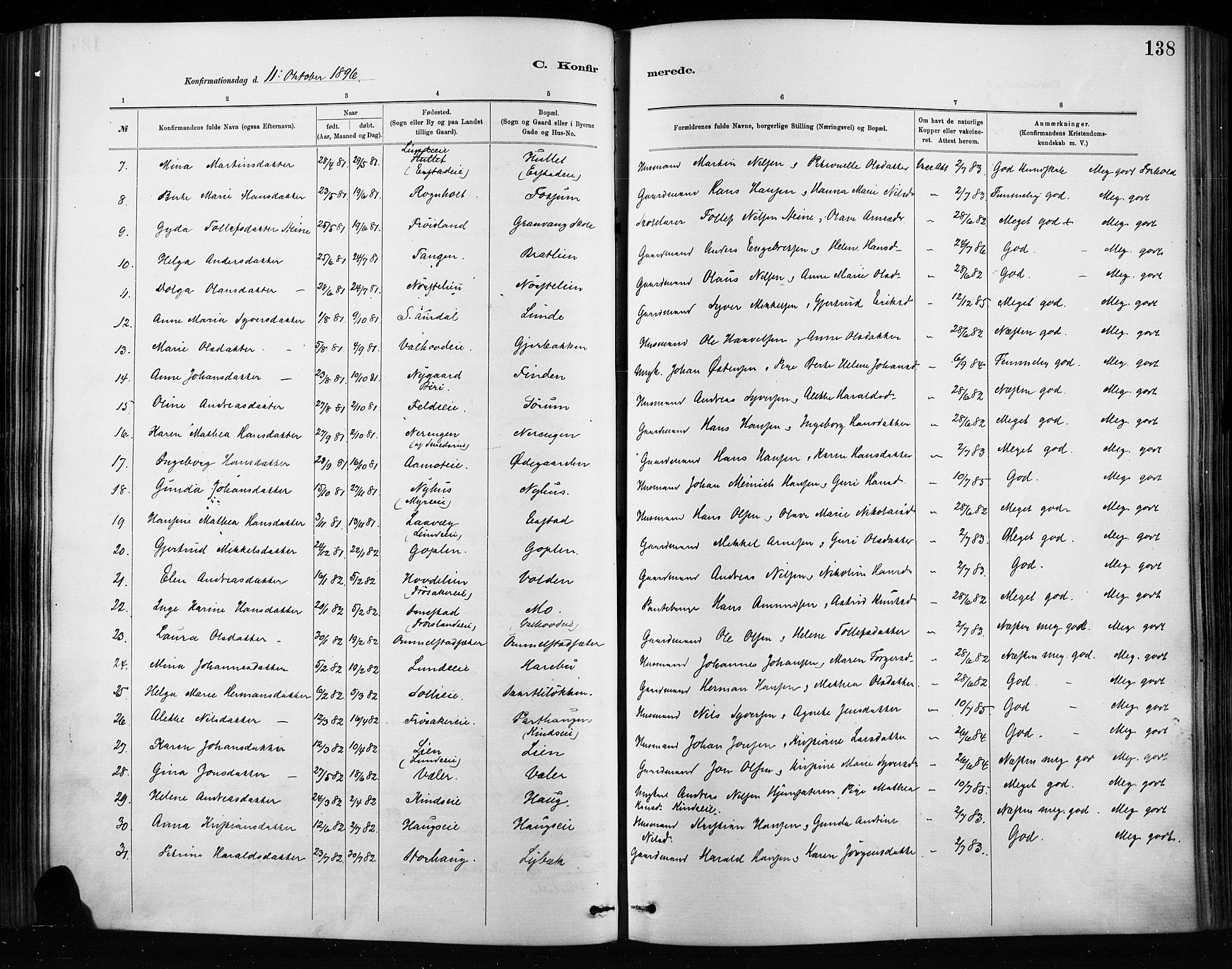 Nordre Land prestekontor, AV/SAH-PREST-124/H/Ha/Haa/L0004: Parish register (official) no. 4, 1882-1896, p. 138