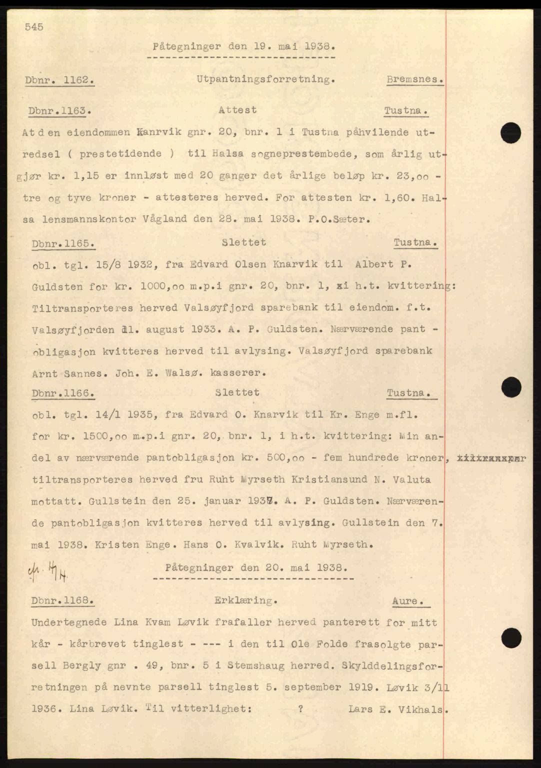 Nordmøre sorenskriveri, AV/SAT-A-4132/1/2/2Ca: Mortgage book no. C80, 1936-1939, Diary no: : 1162/1938