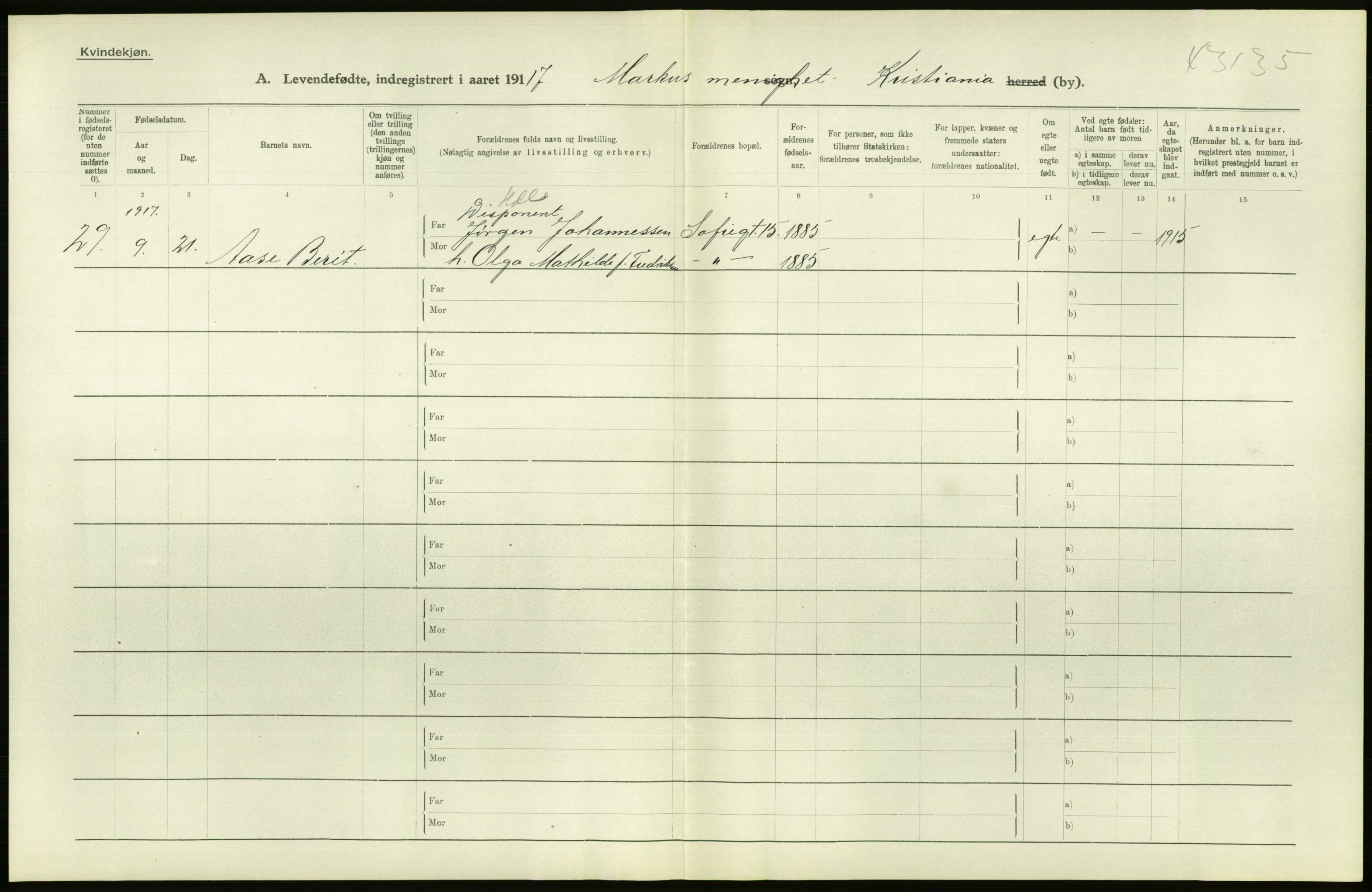 Statistisk sentralbyrå, Sosiodemografiske emner, Befolkning, AV/RA-S-2228/D/Df/Dfb/Dfbg/L0007: Kristiania: Levendefødte menn og kvinner., 1917, p. 216