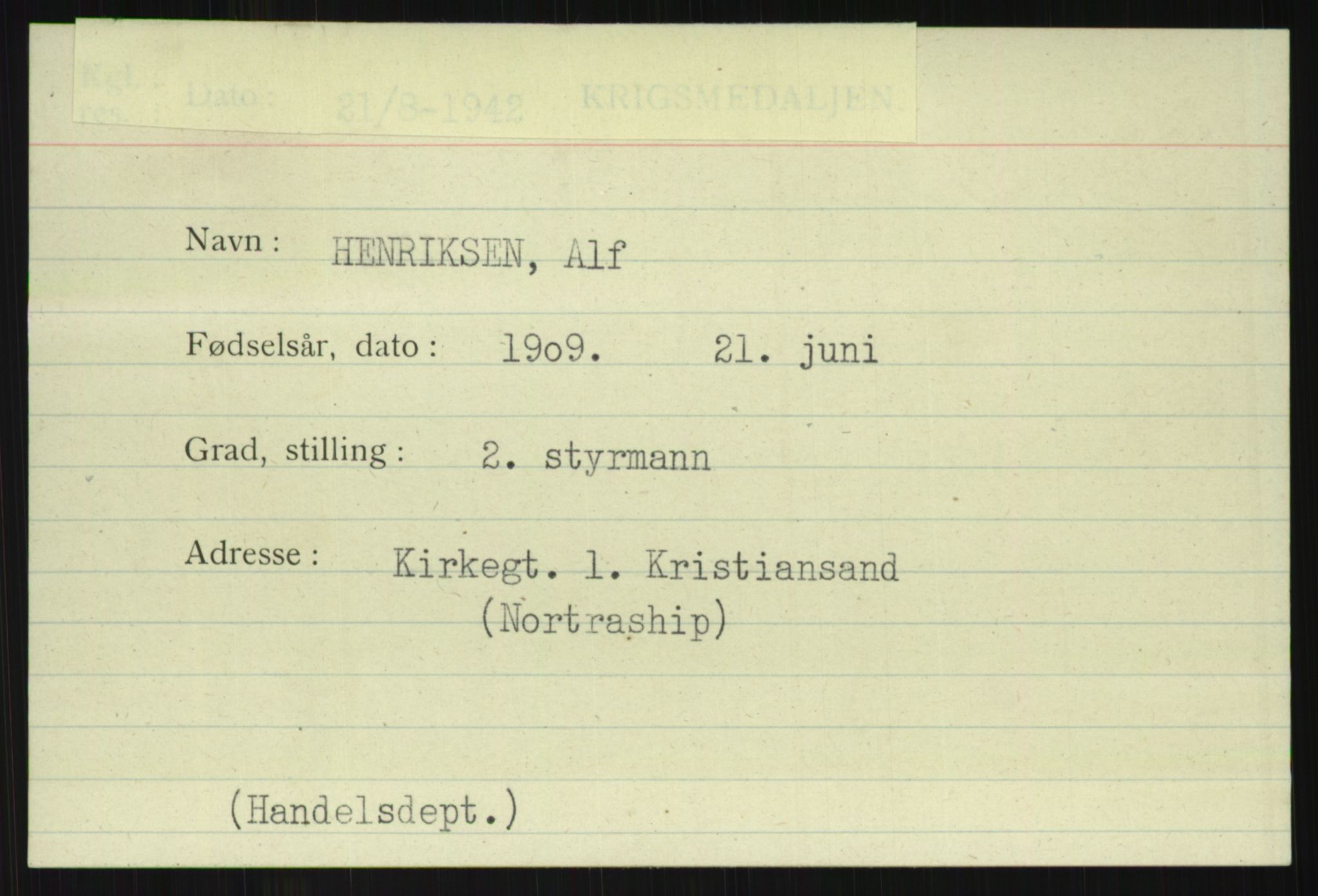 Direktoratet for sjømenn, AV/RA-S-3545/G/Gi/L0006: Kartotek over krigsdekorasjoner tildelt nordmenn under krigen, 1940-1945, p. 11