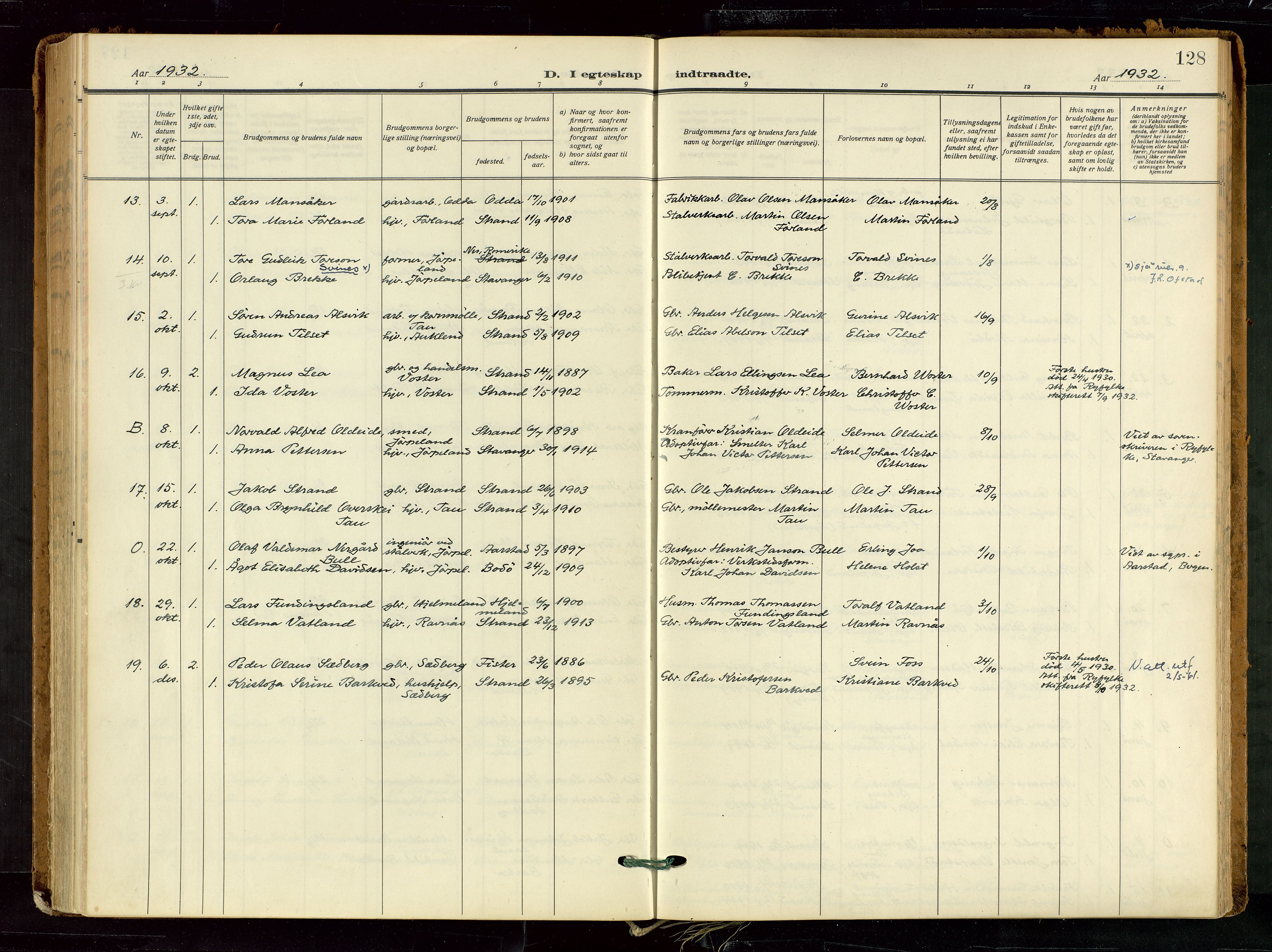 Strand sokneprestkontor, AV/SAST-A-101828/H/Ha/Haa/L0012: Parish register (official) no. A 12, 1927-1946, p. 128