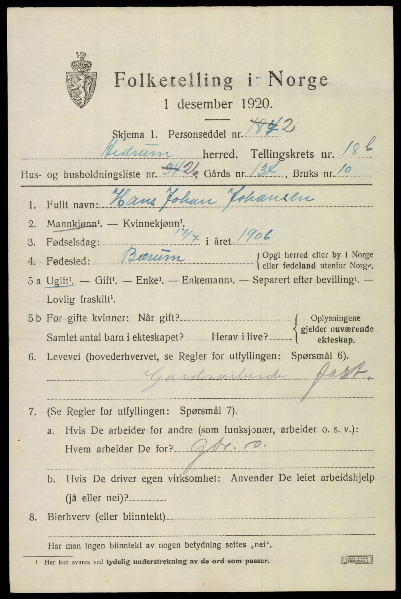 SAKO, 1920 census for Hedrum, 1920, p. 11297