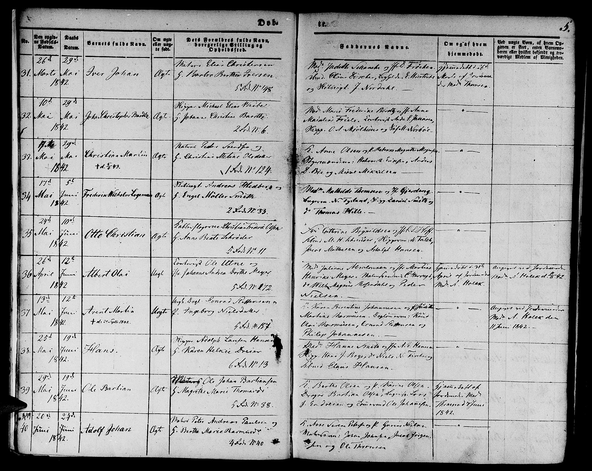 Nykirken Sokneprestembete, SAB/A-77101/H/Hab: Parish register (copy) no. B 1, 1842-1858, p. 5