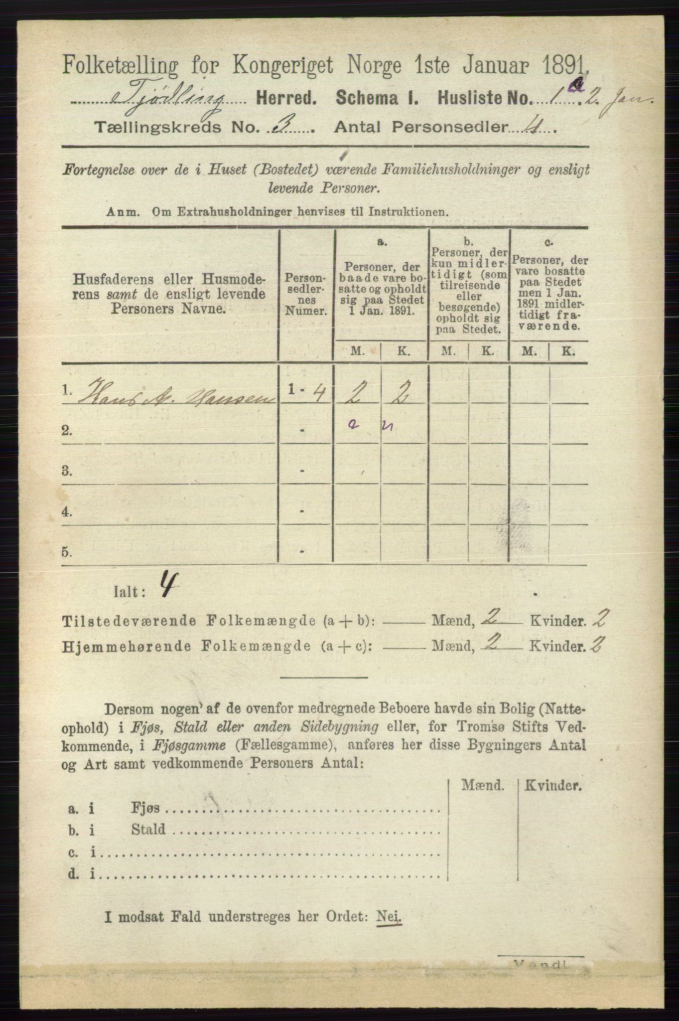 RA, 1891 census for 0725 Tjølling, 1891, p. 824