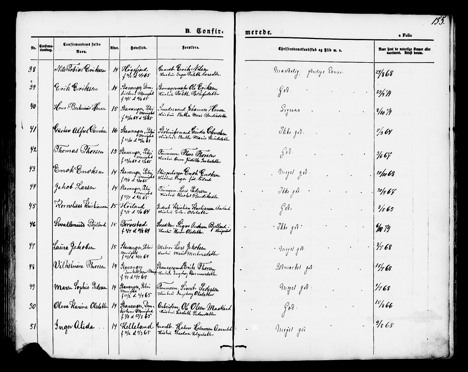 Hetland sokneprestkontor, AV/SAST-A-101826/30/30BA/L0004: Parish register (official) no. A 4, 1862-1881, p. 155