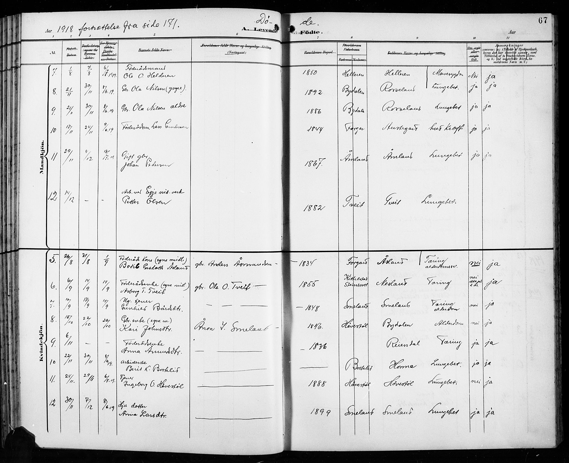 Åseral sokneprestkontor, SAK/1111-0051/F/Fb/L0003: Parish register (copy) no. B 3, 1900-1919, p. 67