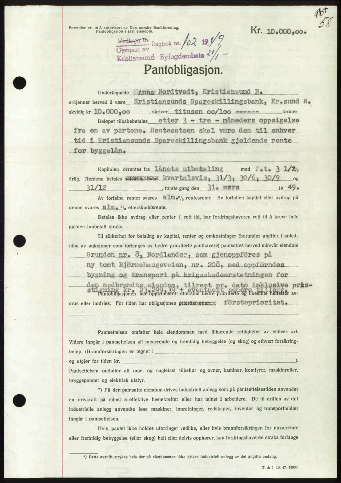 Kristiansund byfogd, AV/SAT-A-4587/A/27: Mortgage book no. 45, 1948-1949, Diary no: : 102/1949