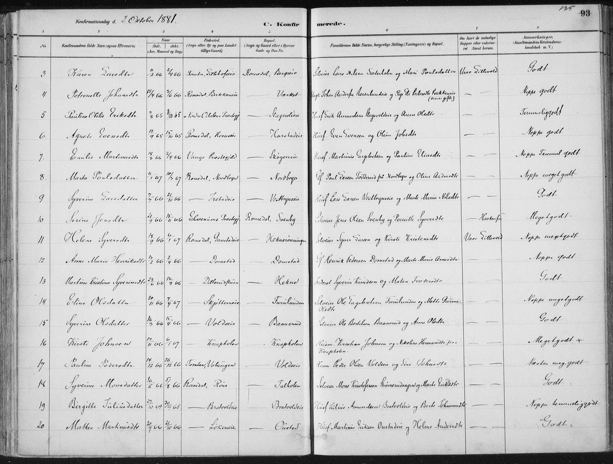 Romedal prestekontor, SAH/PREST-004/K/L0010: Parish register (official) no. 10, 1880-1895, p. 135