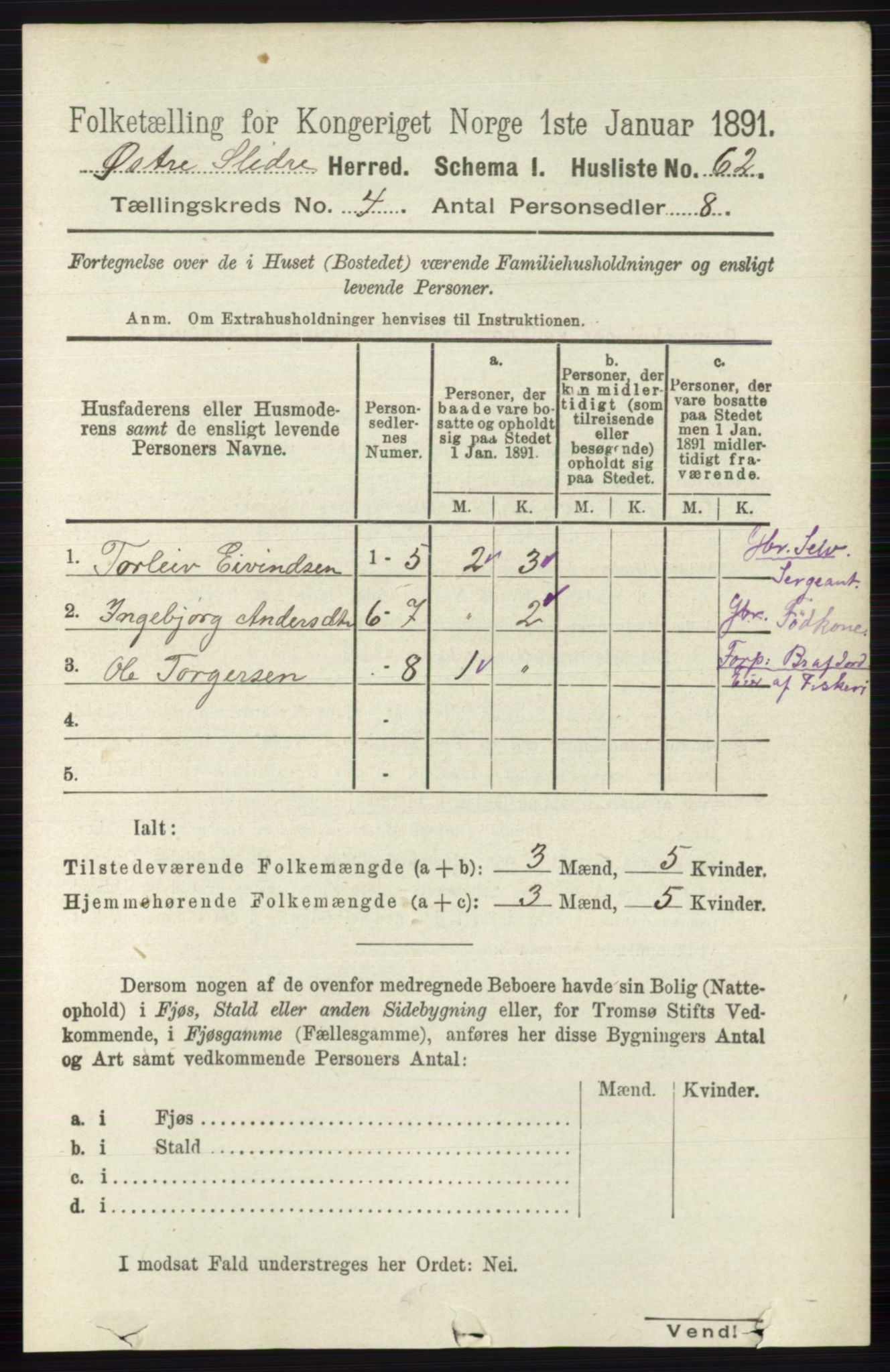 RA, 1891 census for 0544 Øystre Slidre, 1891, p. 1196