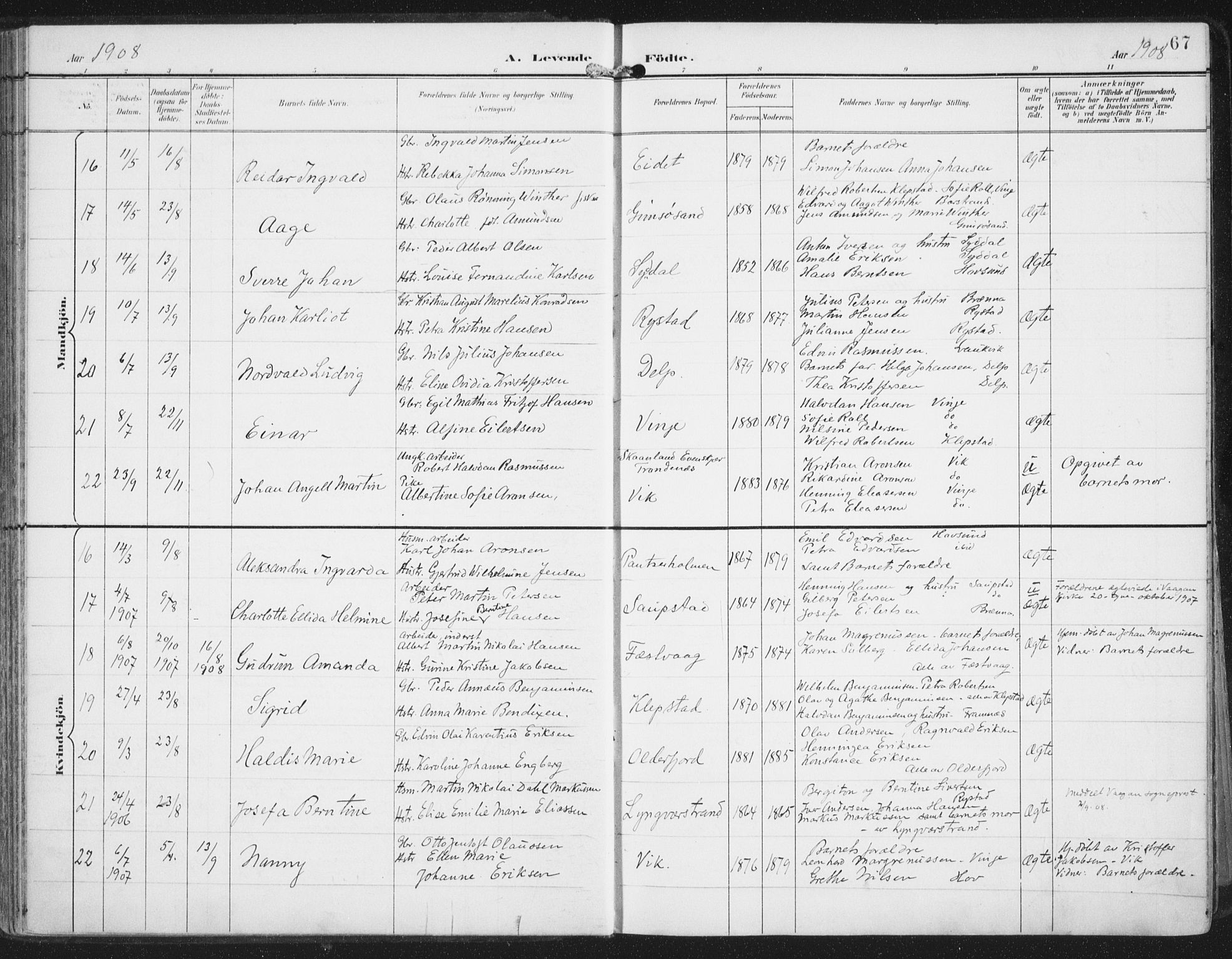 Ministerialprotokoller, klokkerbøker og fødselsregistre - Nordland, AV/SAT-A-1459/876/L1098: Parish register (official) no. 876A04, 1896-1915, p. 67