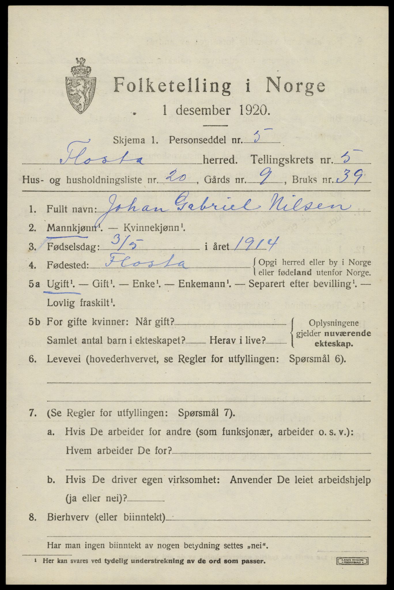 SAK, 1920 census for Flosta, 1920, p. 2980