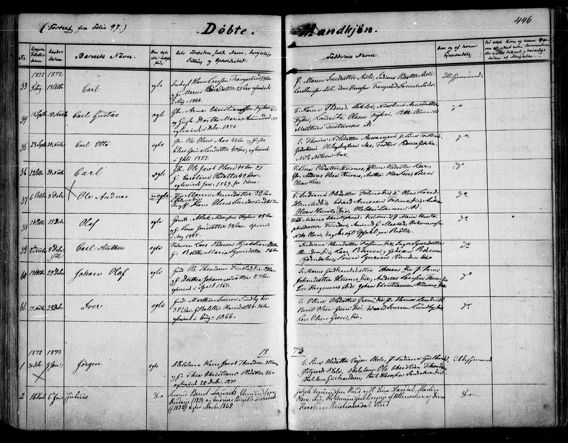 Nes prestekontor Kirkebøker, SAO/A-10410/F/Fa/L0008: Parish register (official) no. I 8, 1859-1874, p. 446