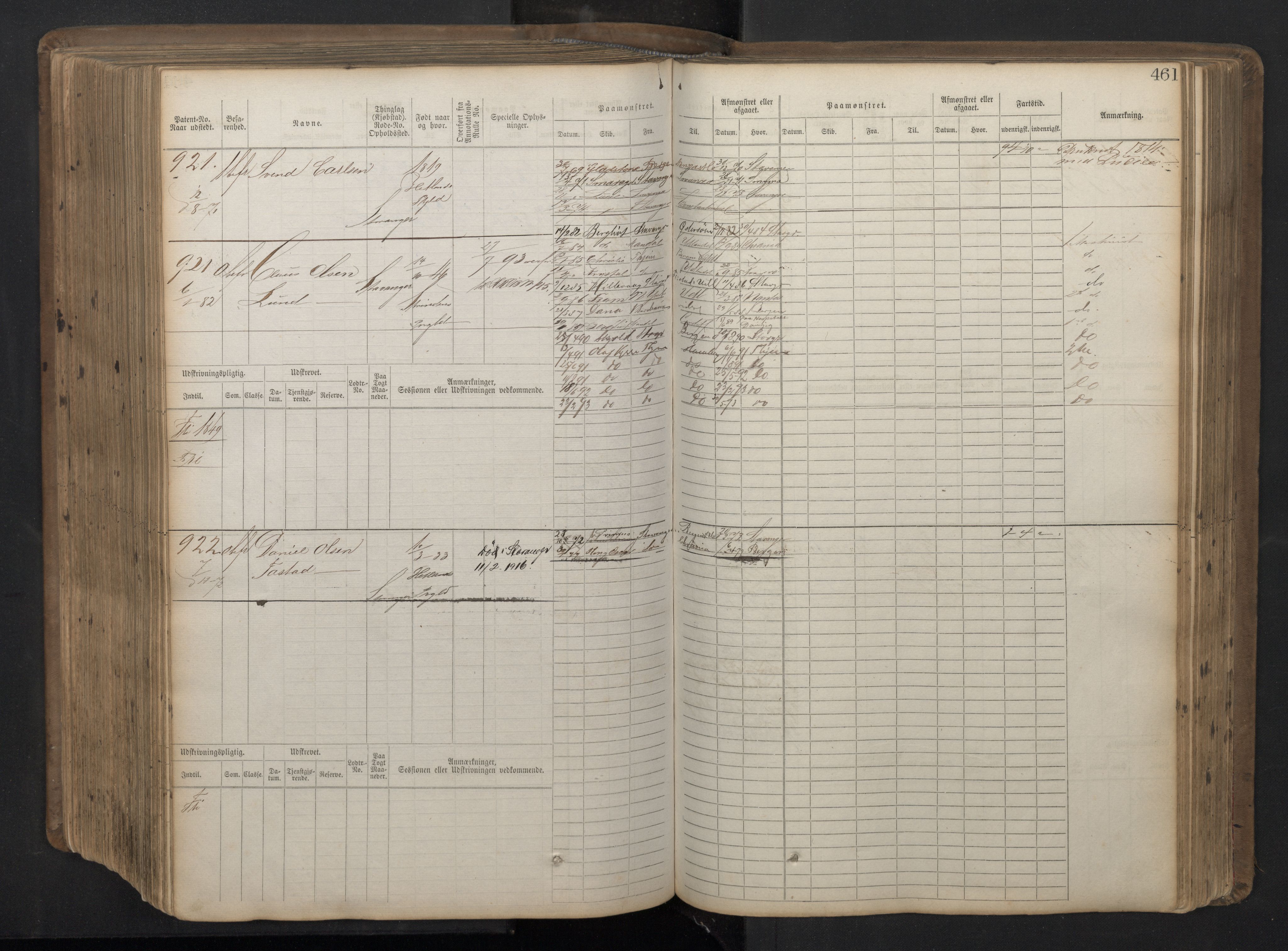 Stavanger sjømannskontor, AV/SAST-A-102006/F/Fb/Fbb/L0016: Sjøfartshovedrulle patnentnr. 1-1202 (dublett), 1869, p. 461