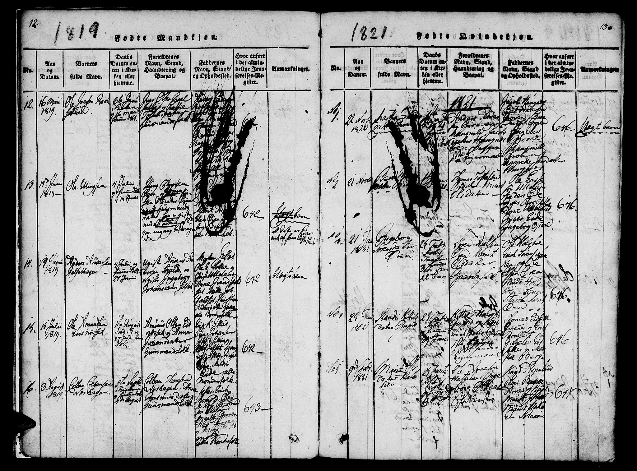 Ministerialprotokoller, klokkerbøker og fødselsregistre - Møre og Romsdal, SAT/A-1454/557/L0679: Parish register (official) no. 557A01, 1818-1843, p. 12-13