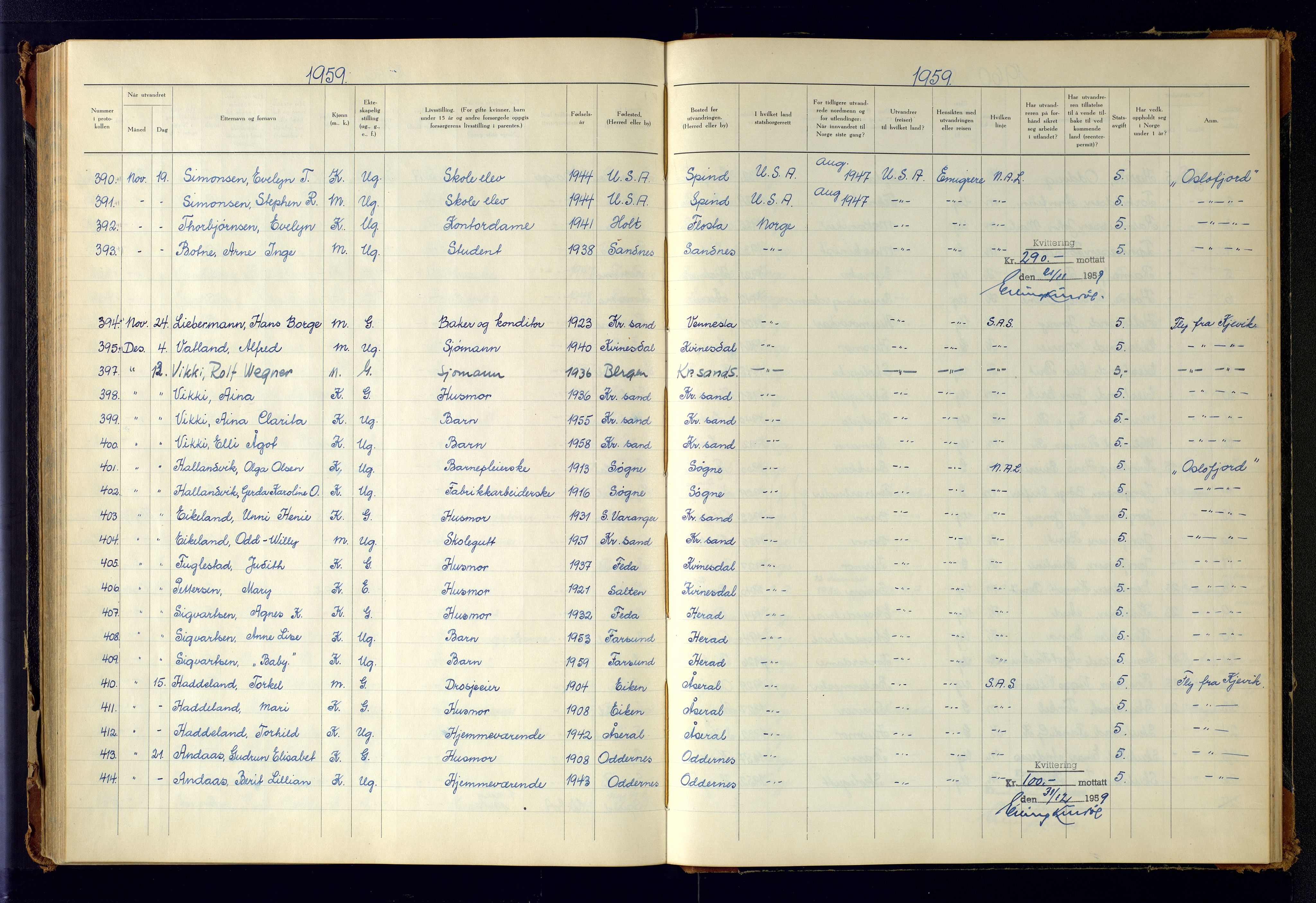 Kristiansand politikammer, AV/SAK-1243-0004/K/Kb/L0249: Emigrantprotokoll, 1951-1961, p. 166