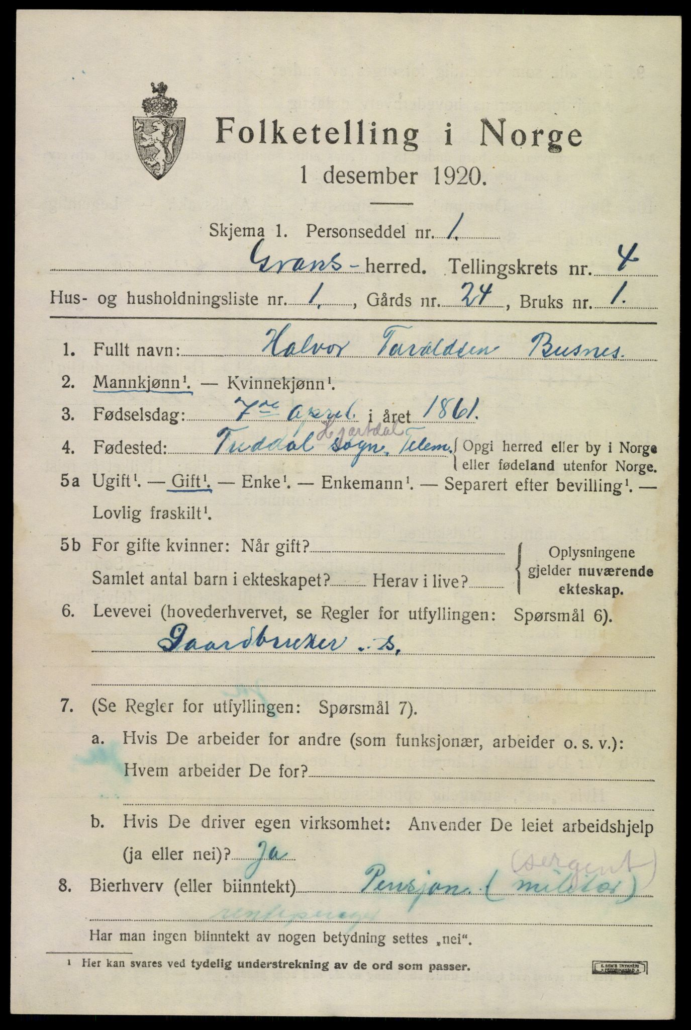 SAKO, 1920 census for Gransherad, 1920, p. 1772