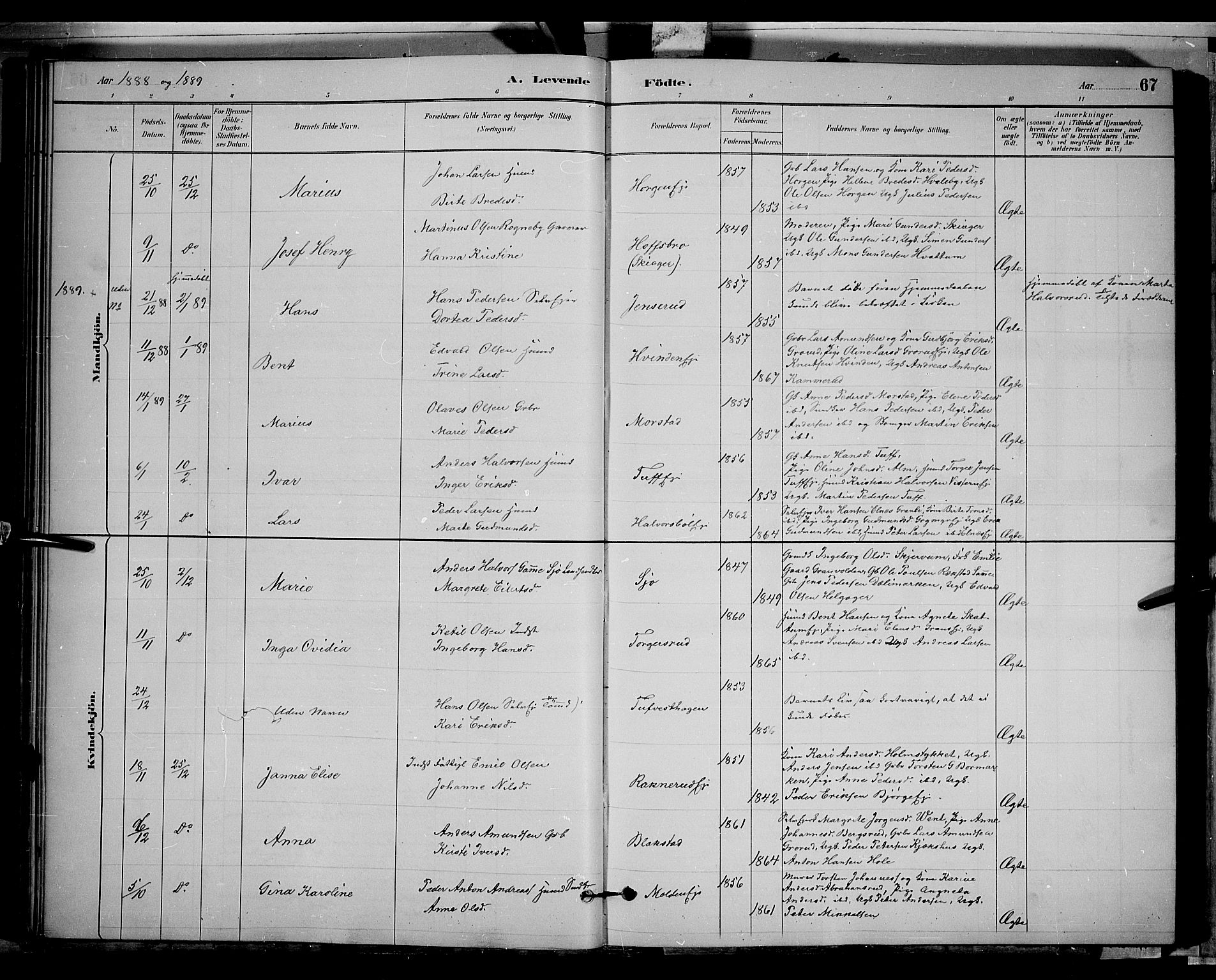 Gran prestekontor, SAH/PREST-112/H/Ha/Hab/L0002: Parish register (copy) no. 2, 1879-1892, p. 67