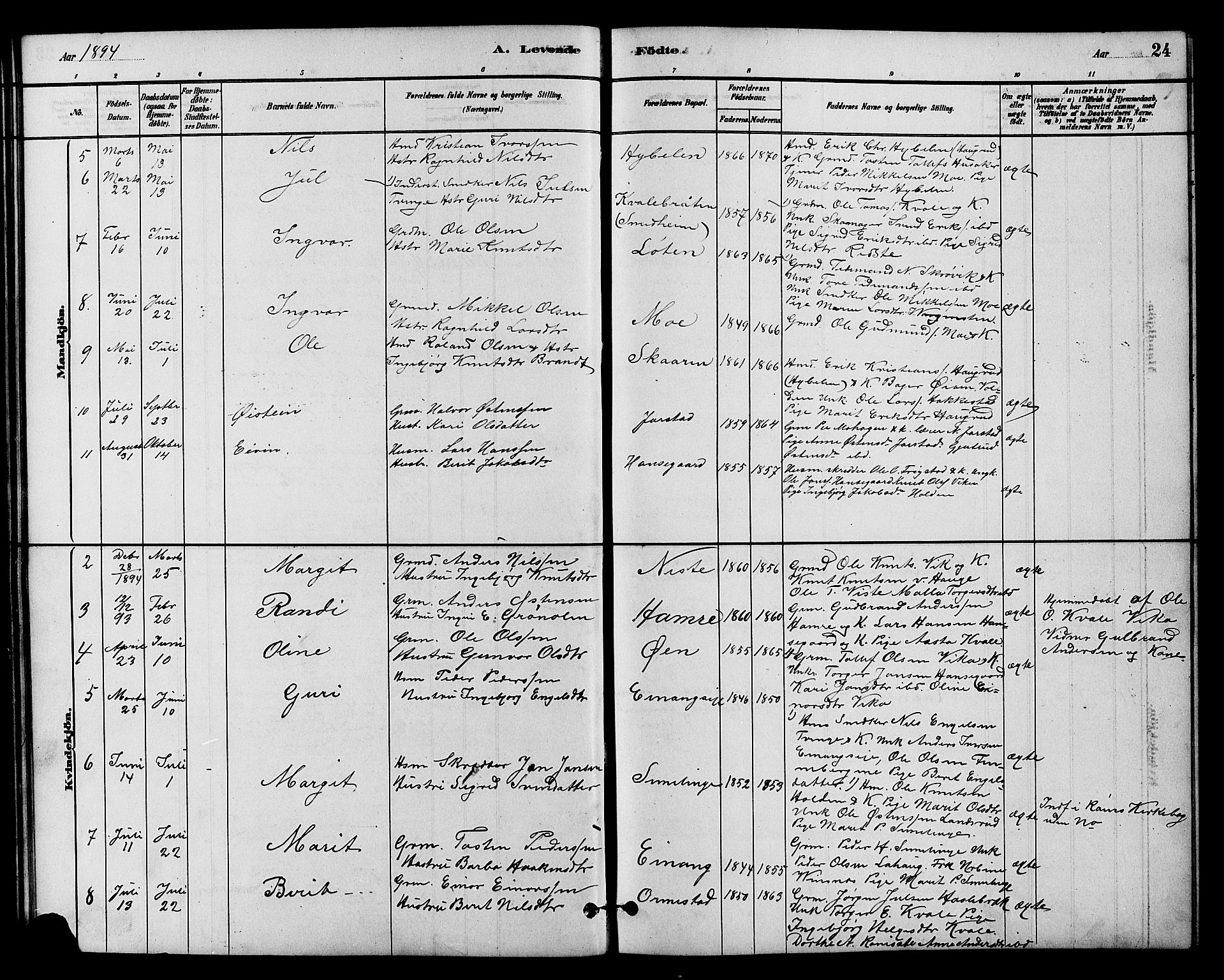 Vestre Slidre prestekontor, SAH/PREST-136/H/Ha/Hab/L0004: Parish register (copy) no. 4, 1881-1912, p. 24