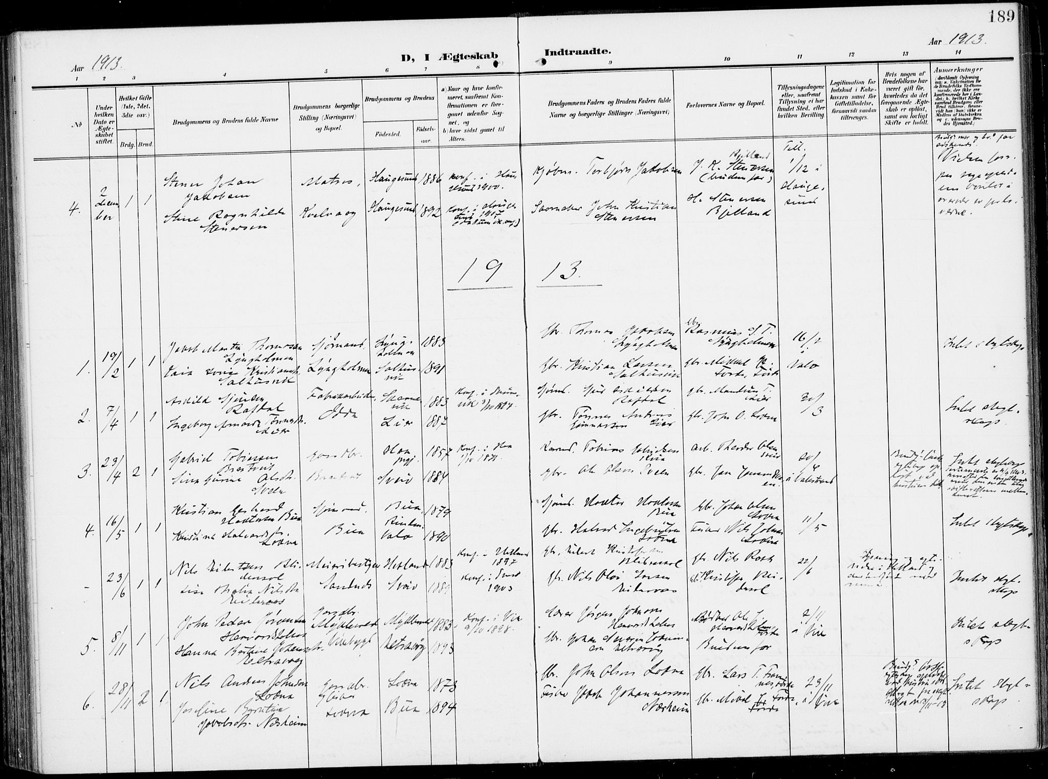 Sveio Sokneprestembete, SAB/A-78501/H/Haa: Parish register (official) no. B  4, 1906-1919, p. 189