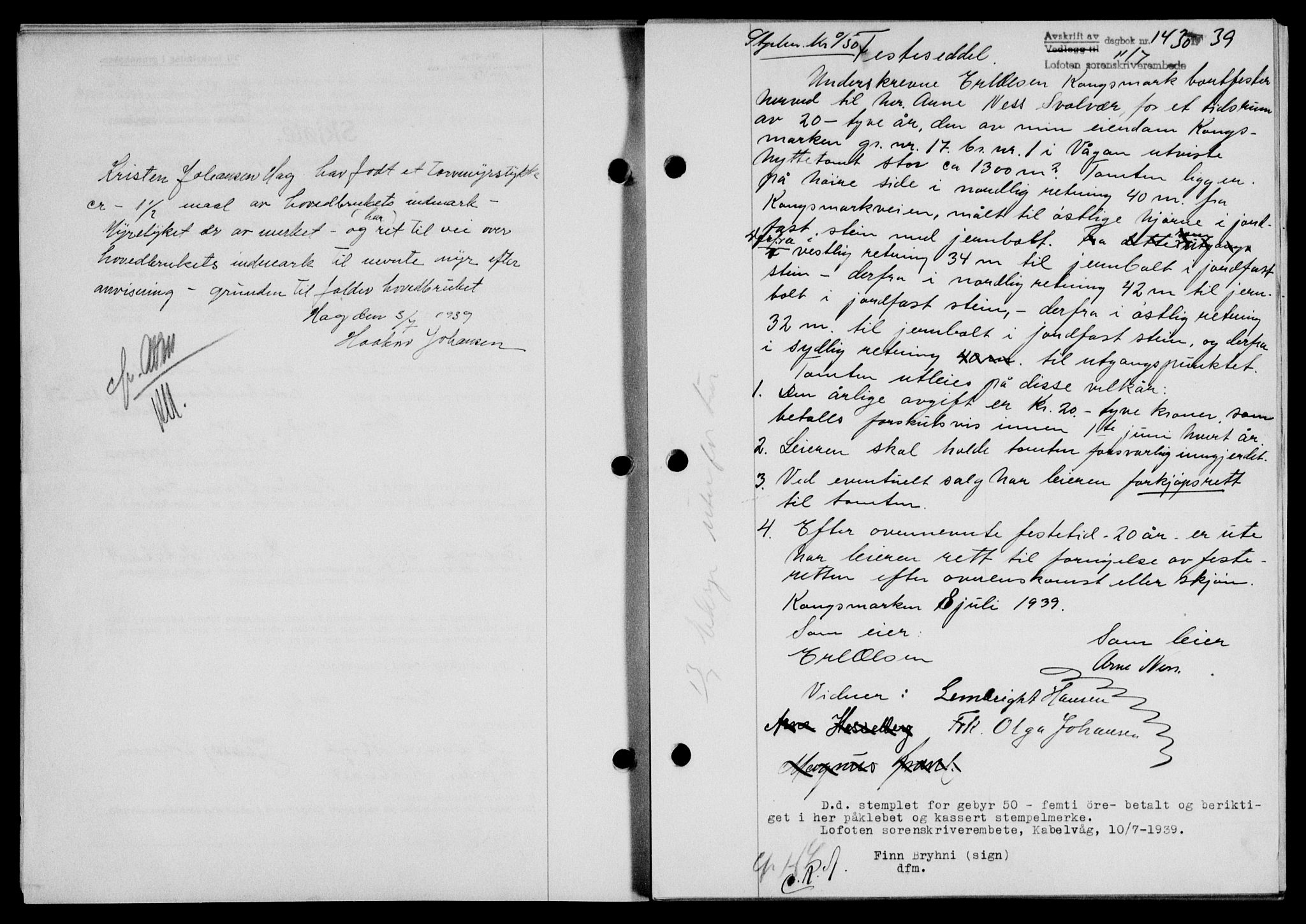 Lofoten sorenskriveri, SAT/A-0017/1/2/2C/L0006a: Mortgage book no. 6a, 1939-1939, Diary no: : 1430/1939