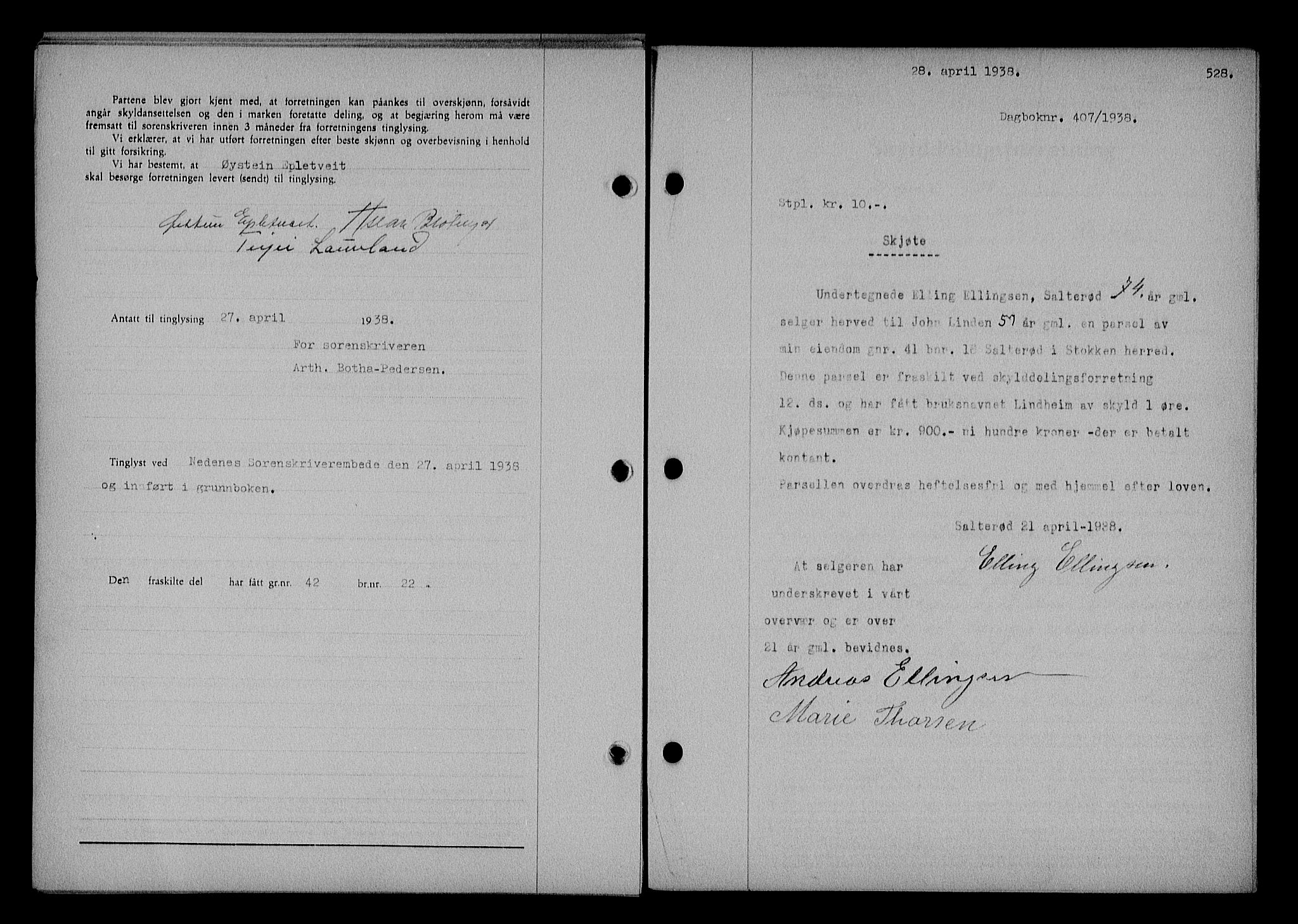 Nedenes sorenskriveri, SAK/1221-0006/G/Gb/Gba/L0044: Mortgage book no. 40, 1937-1938, Diary no: : 407/1938