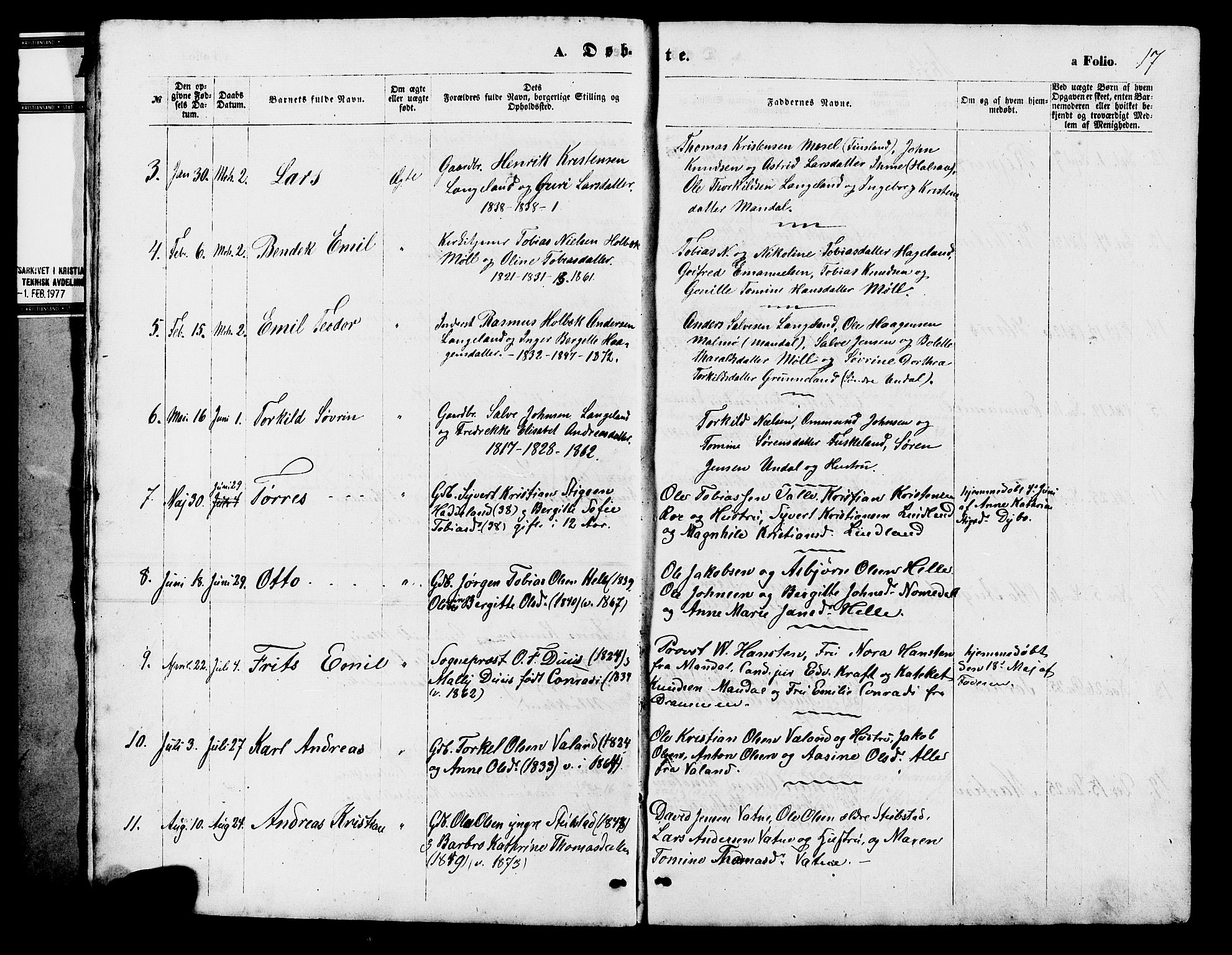 Holum sokneprestkontor, AV/SAK-1111-0022/F/Fb/Fba/L0004: Parish register (copy) no. B 4, 1867-1890, p. 17